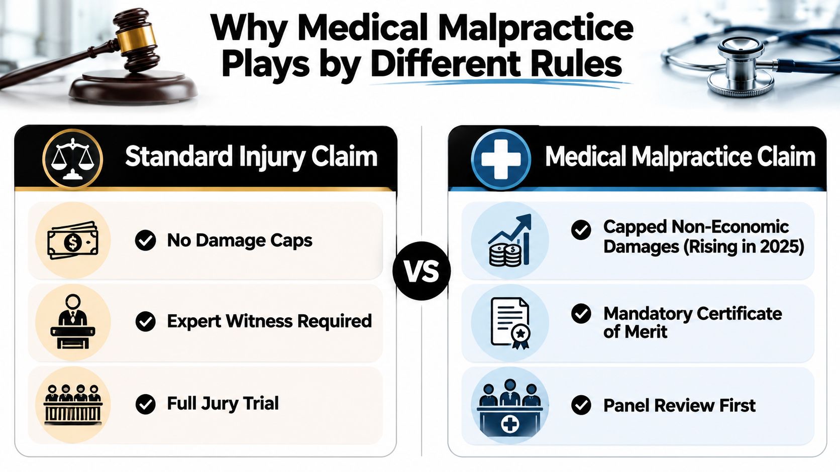 A comparison chart highlighting the legal differences between standard injury claims and medical malpractice claims.