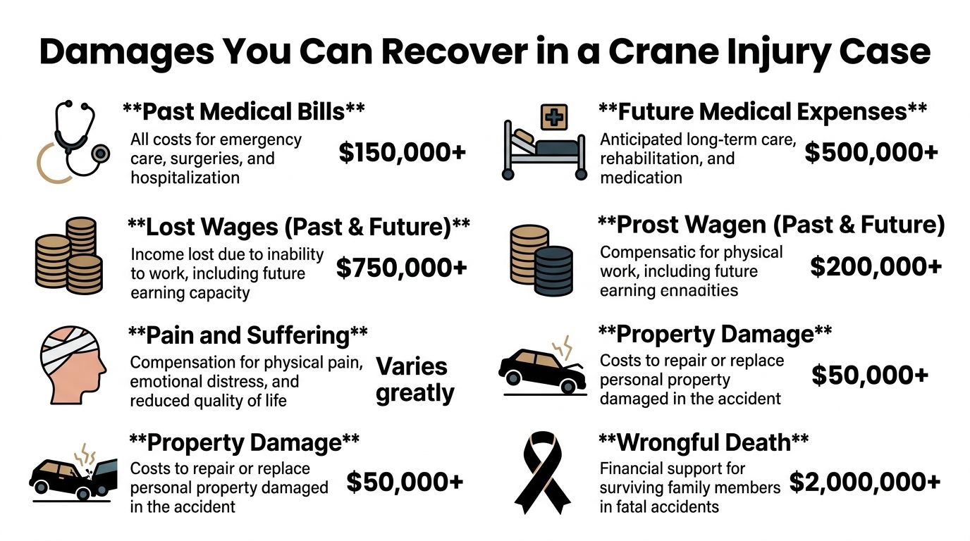 An infographic detailing various types of financial damages recoverable in a crane accident injury lawsuit case.