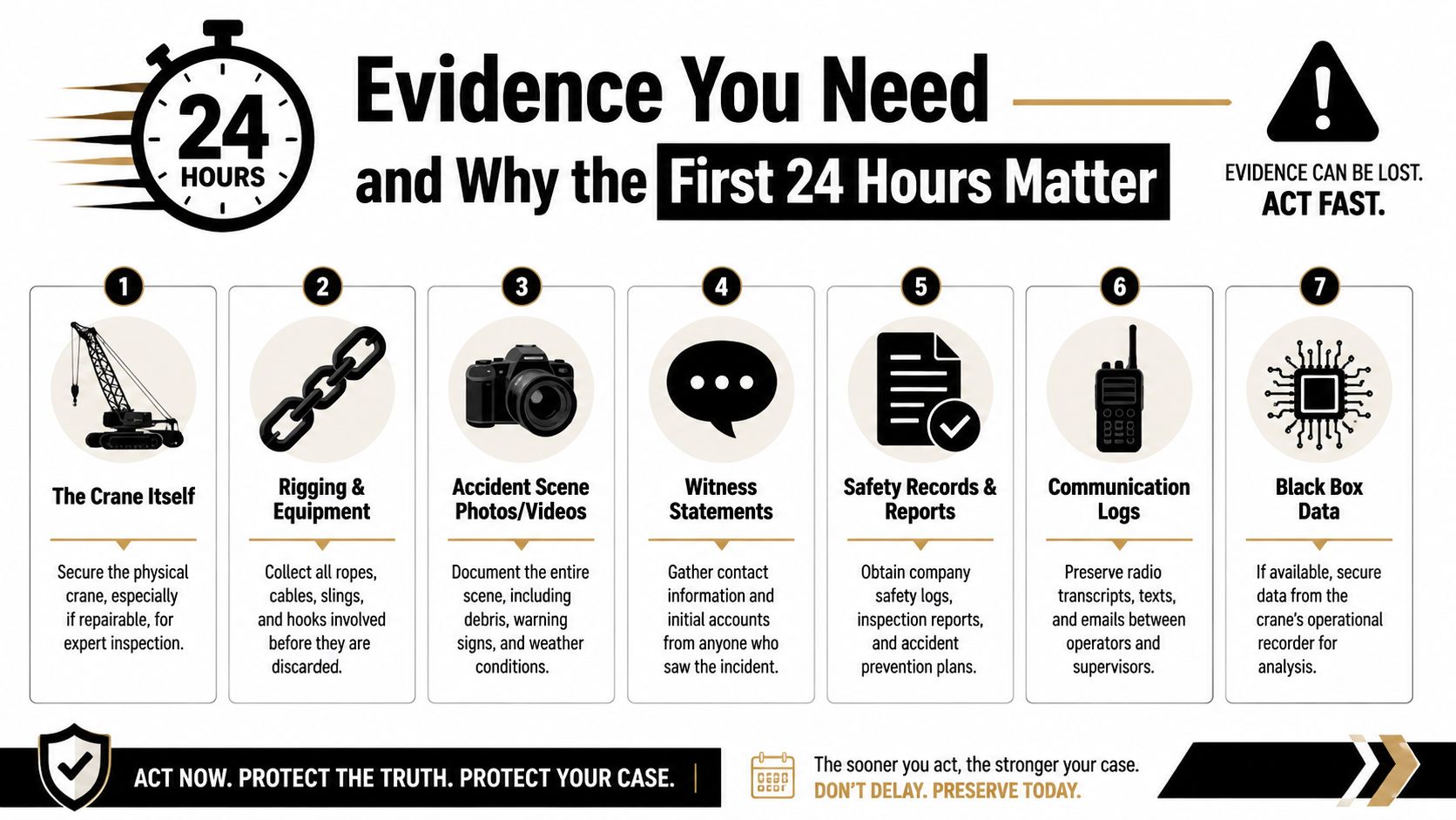 An infographic titled Evidence You Need and Why the First 24 Hours Matter, listing seven crucial steps.