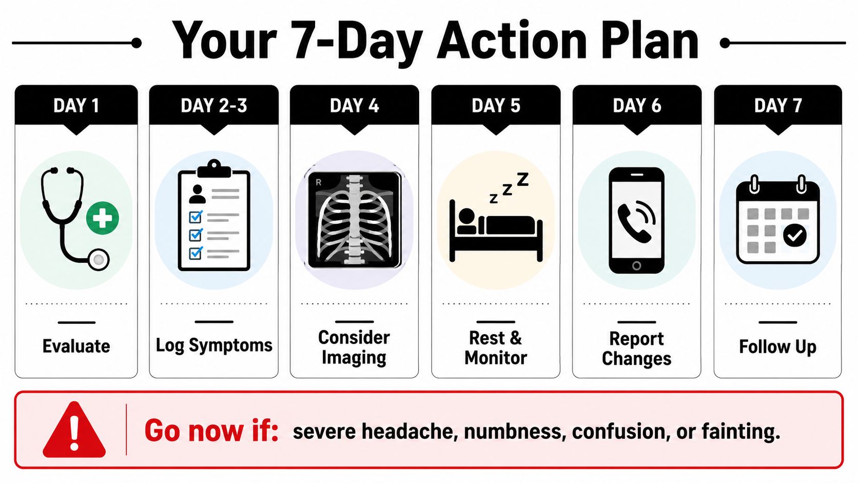 A 7-day medical action plan infographic for tracking health symptoms following a potential injury or accident.