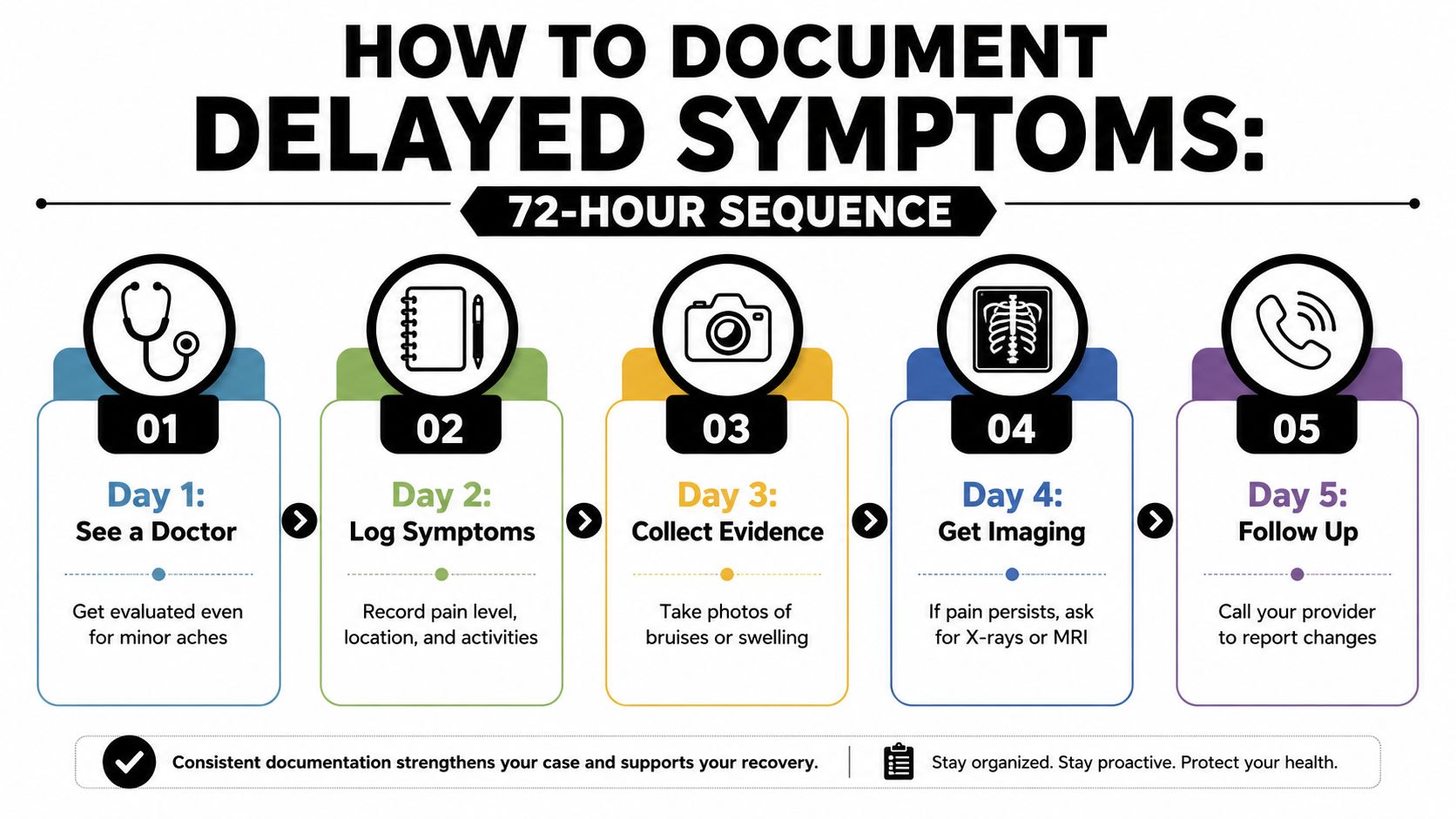 A five-step guide on how to document delayed symptoms after a car accident for medical records.