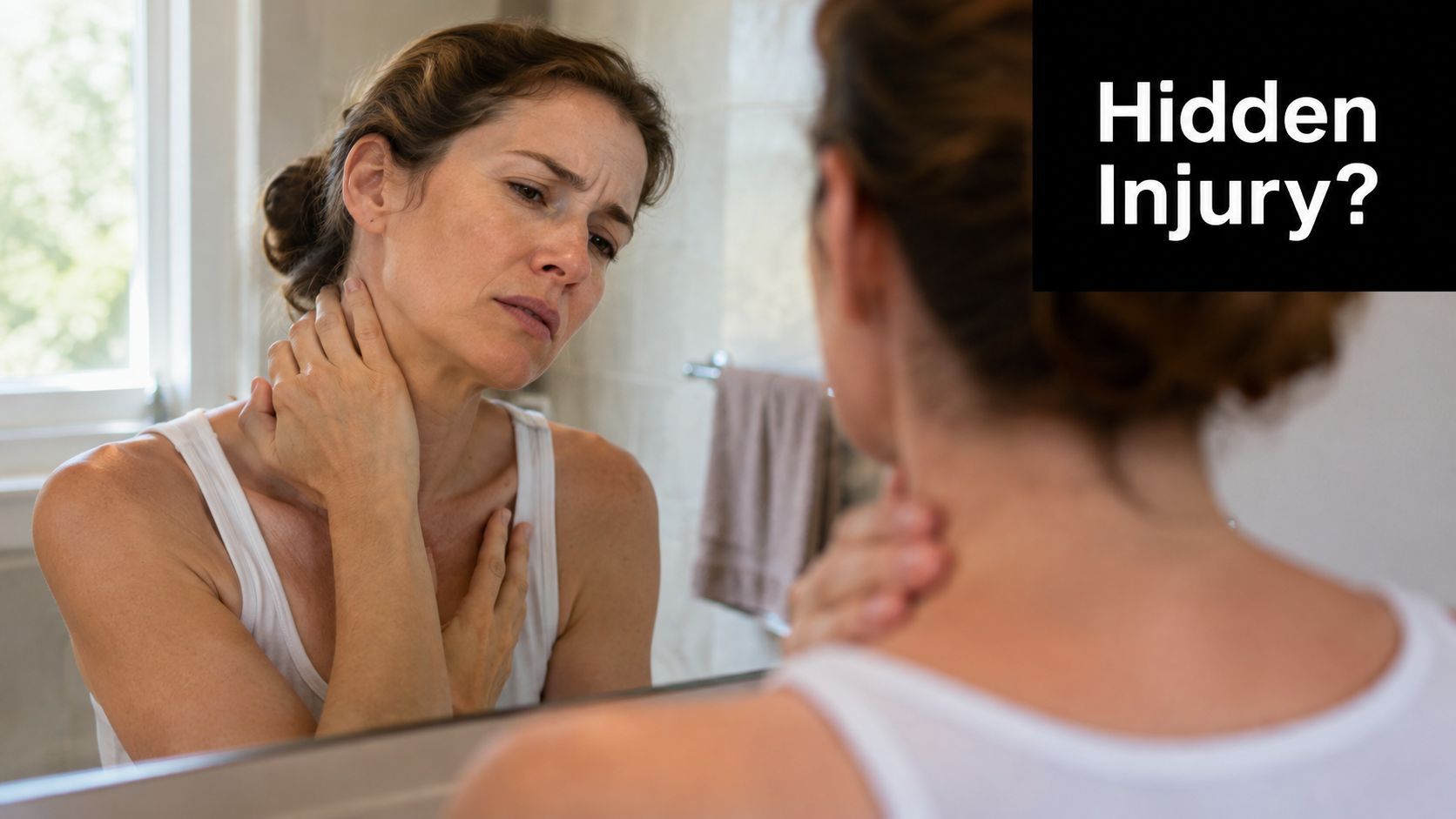 A woman looks into a bathroom mirror feeling concerned about pain in her neck and shoulders.