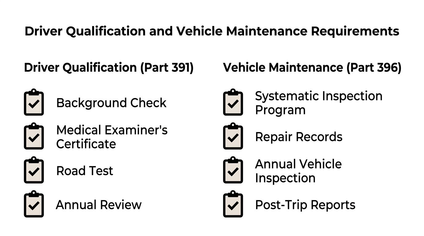 A checklist summarizing driver qualification and vehicle maintenance regulations for commercial trucking compliance.