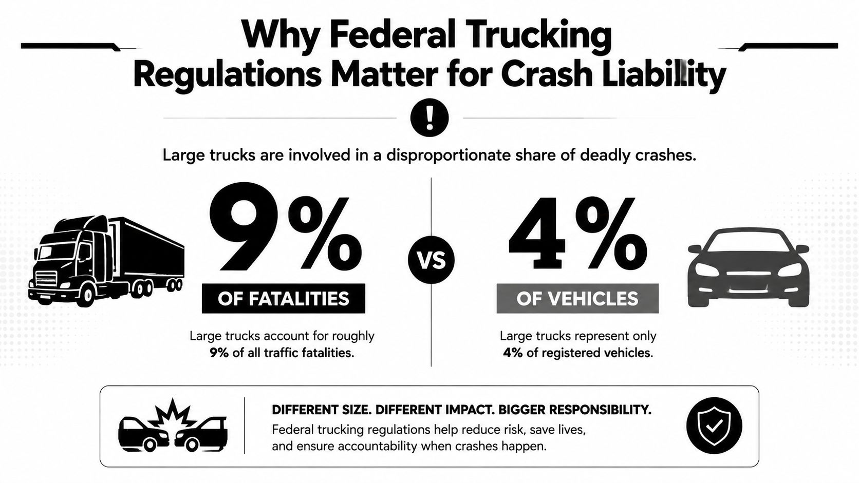 An infographic comparing the disproportionate rate of truck-related traffic fatalities against their share of total vehicles.