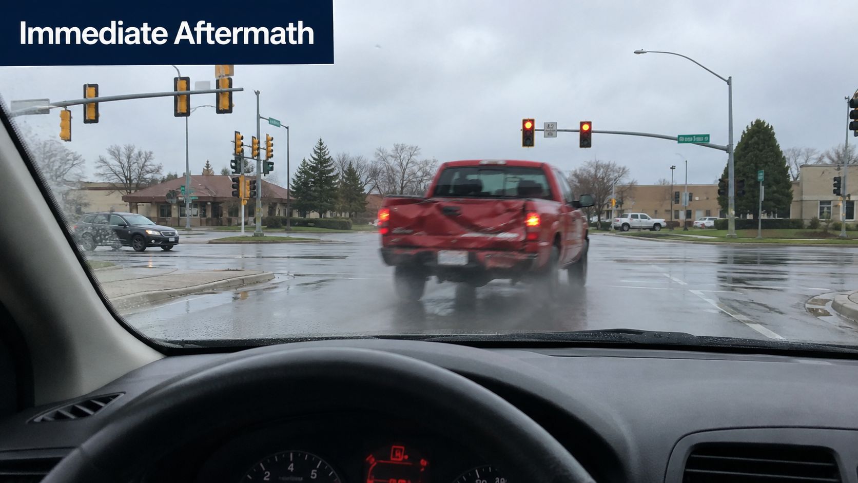 A view from inside a car showing a damaged red truck driving through a rainy intersection.