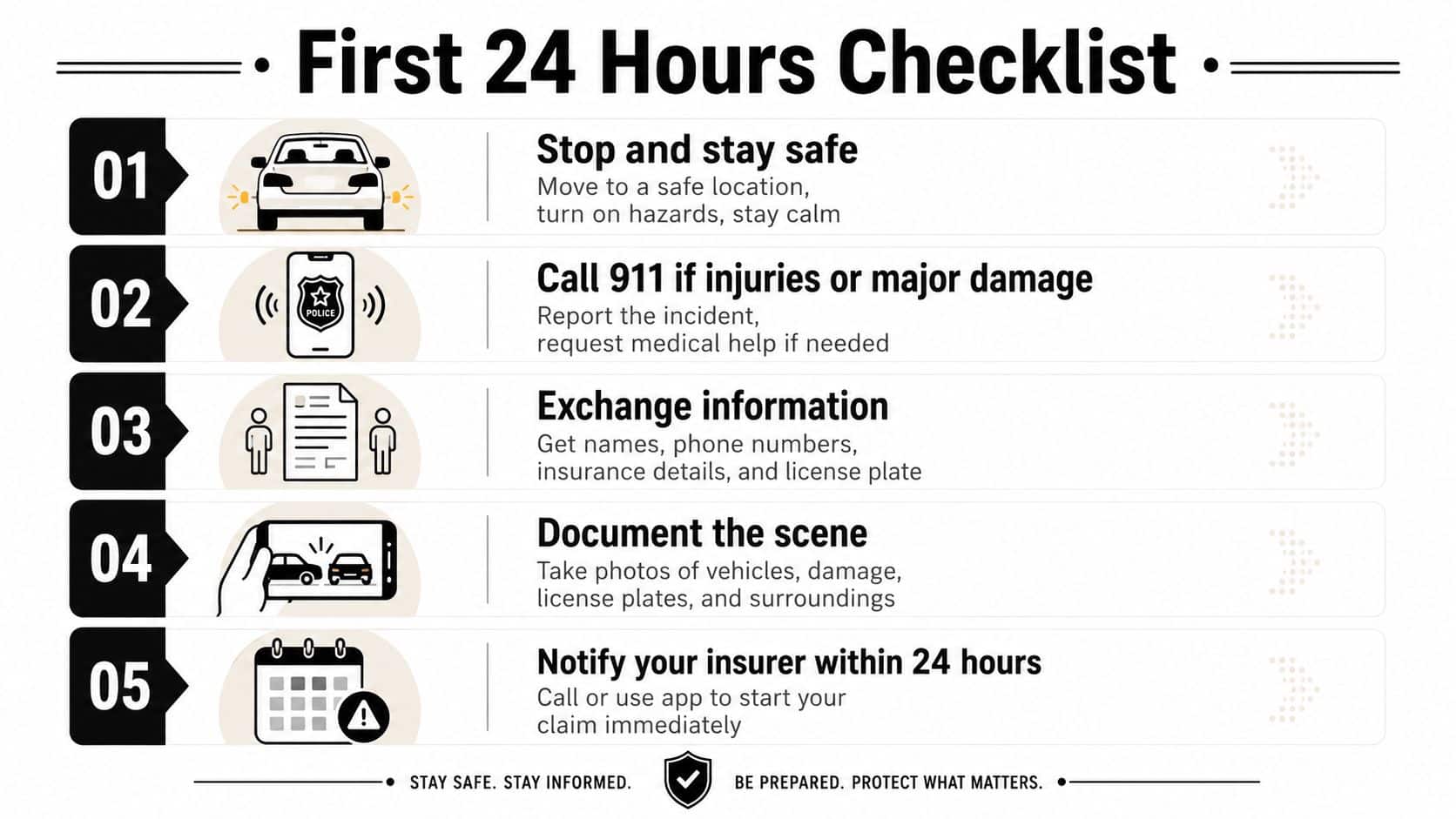 A five-step checklist illustrating necessary actions to take within the first 24 hours after a car accident.