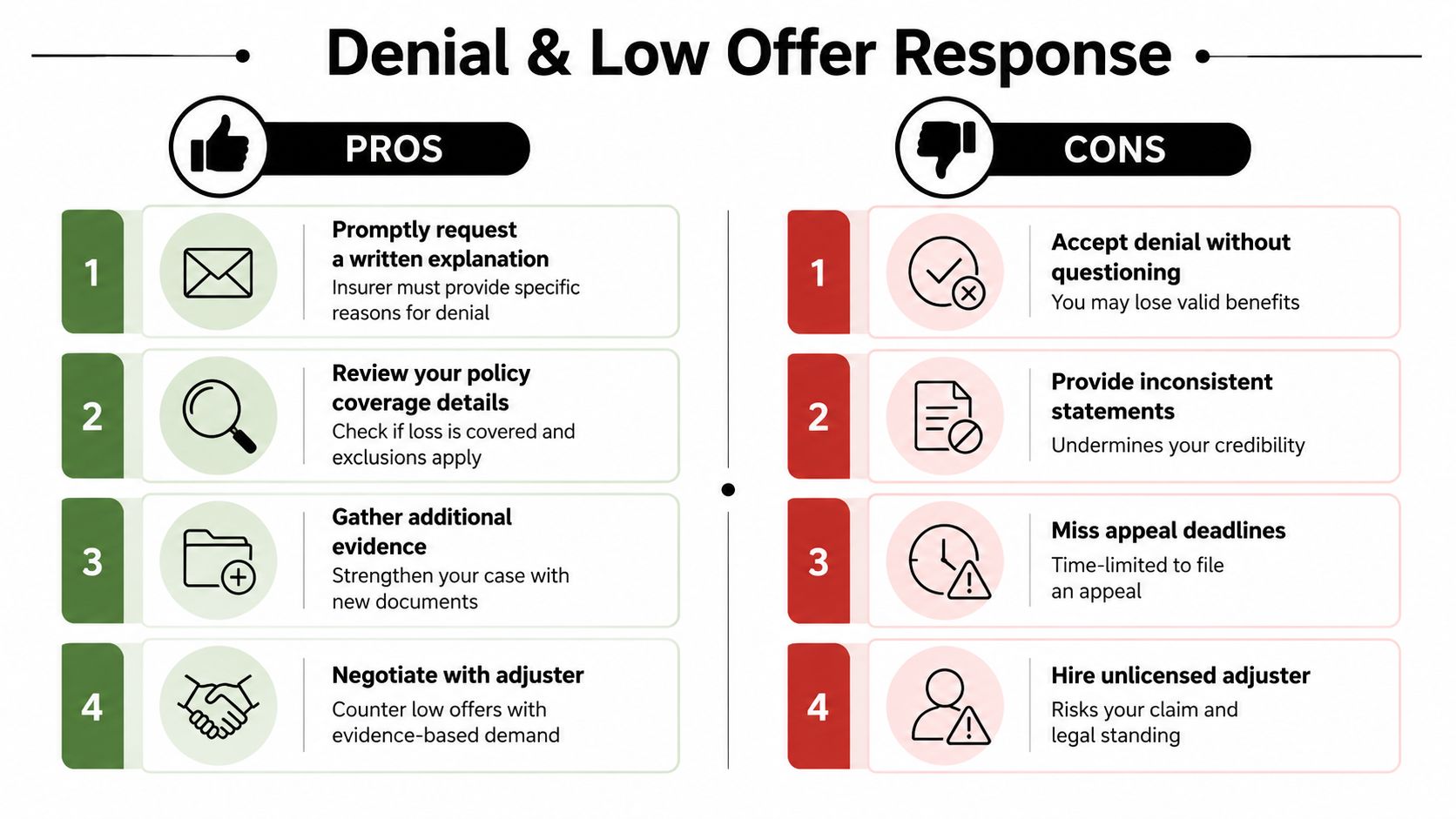A guide listing pros and cons for responding to insurance claim denials or low offer settlements.