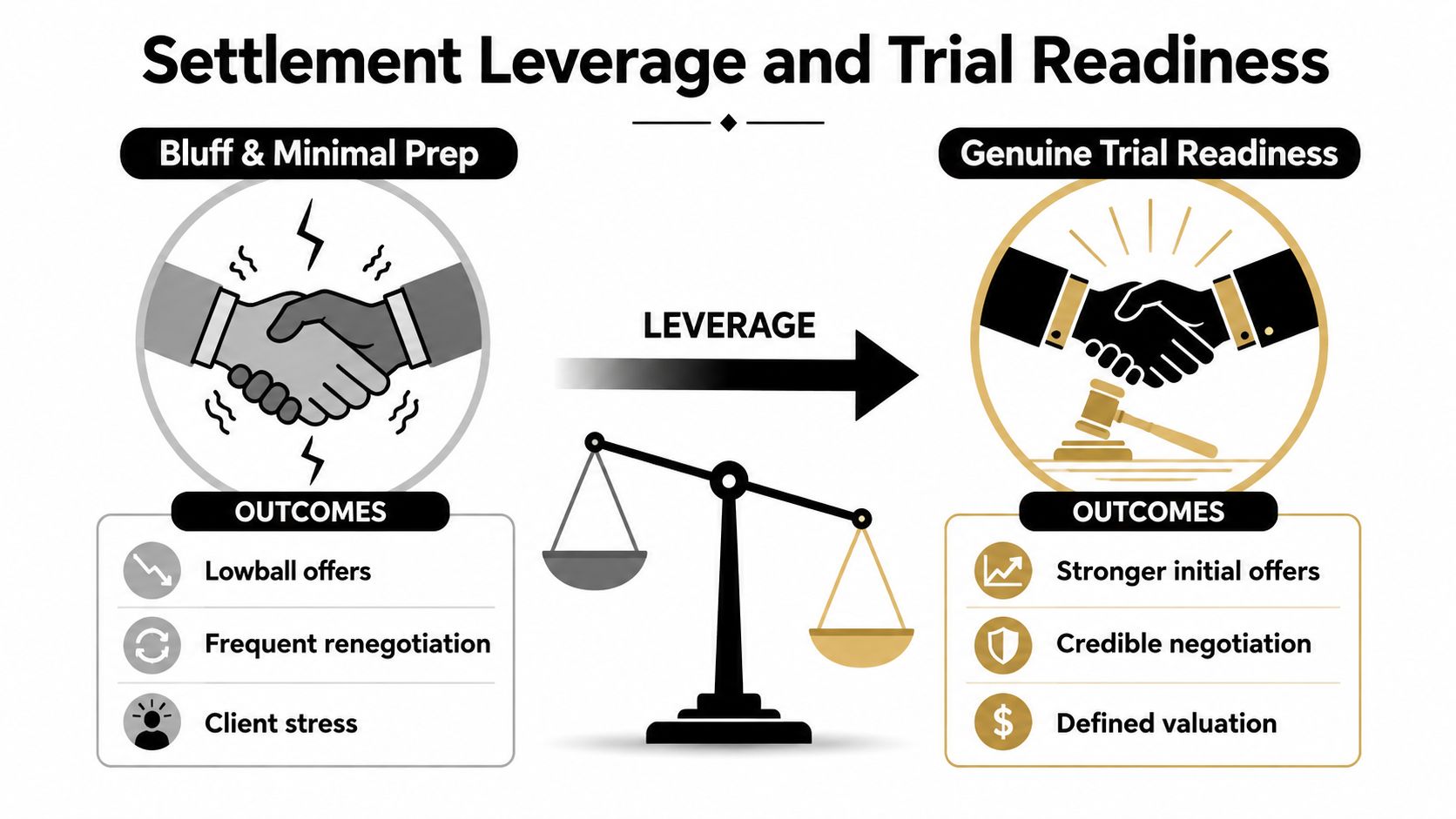 A comparison chart showing how genuine trial readiness increases leverage compared to bluffing and minimal case preparation.
