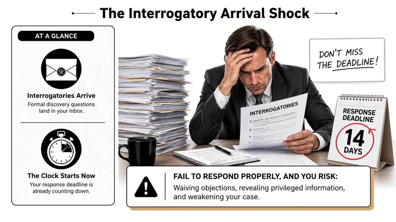 A stressed businessman looking at legal interrogatories documents with a countdown clock indicating a 14-day deadline.