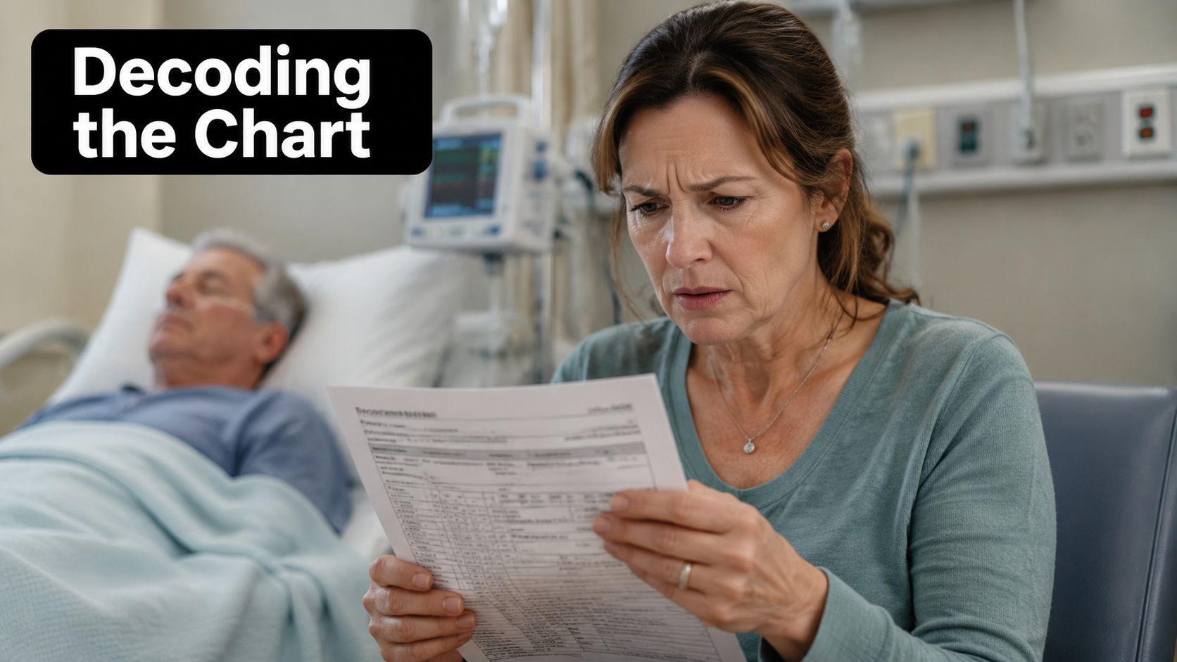 A concerned woman reads medical documents while sitting beside a patient resting in a hospital bed.