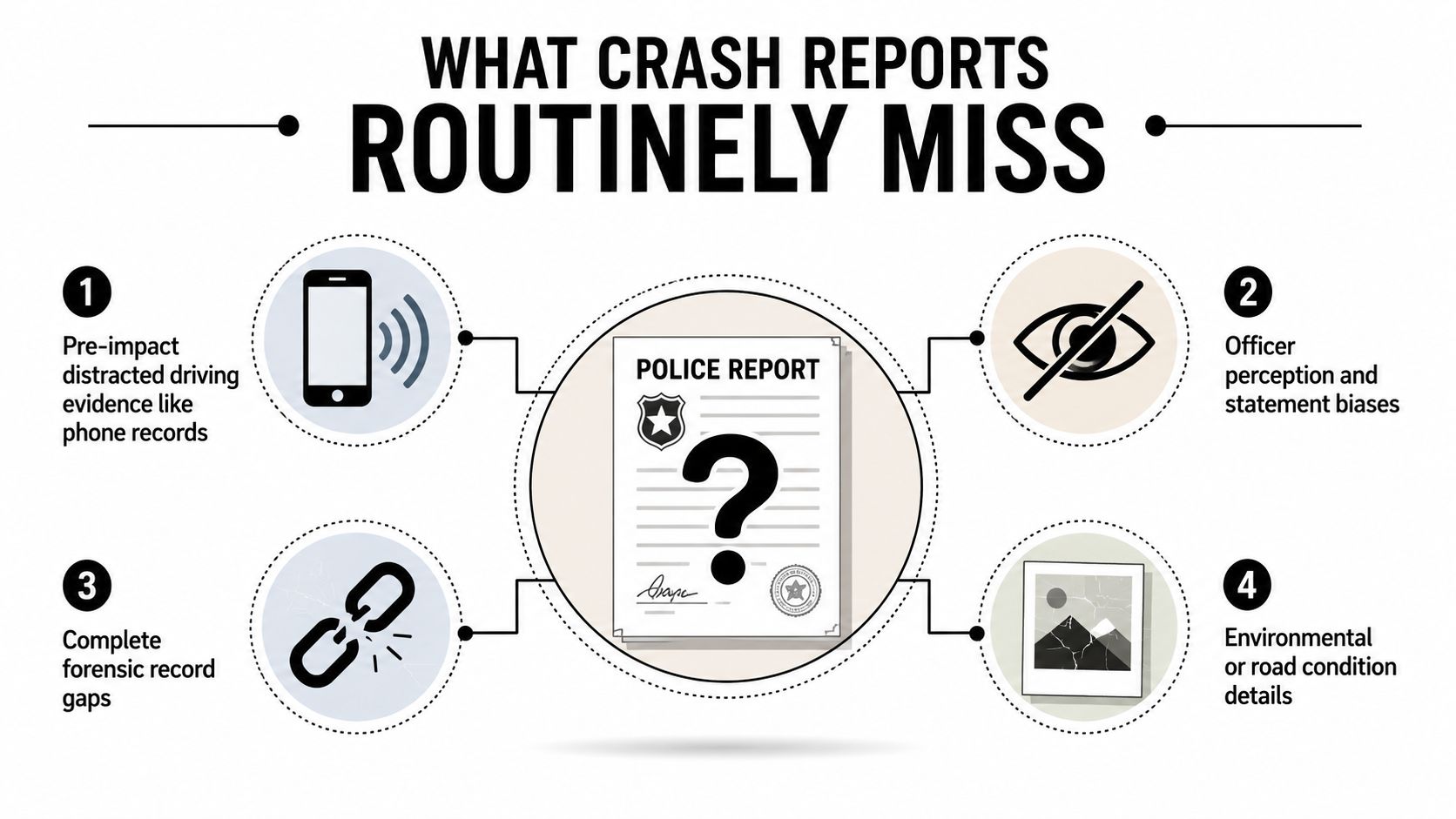 An infographic titled What Crash Reports Routinely Miss highlighting four common omissions in police accident reports.