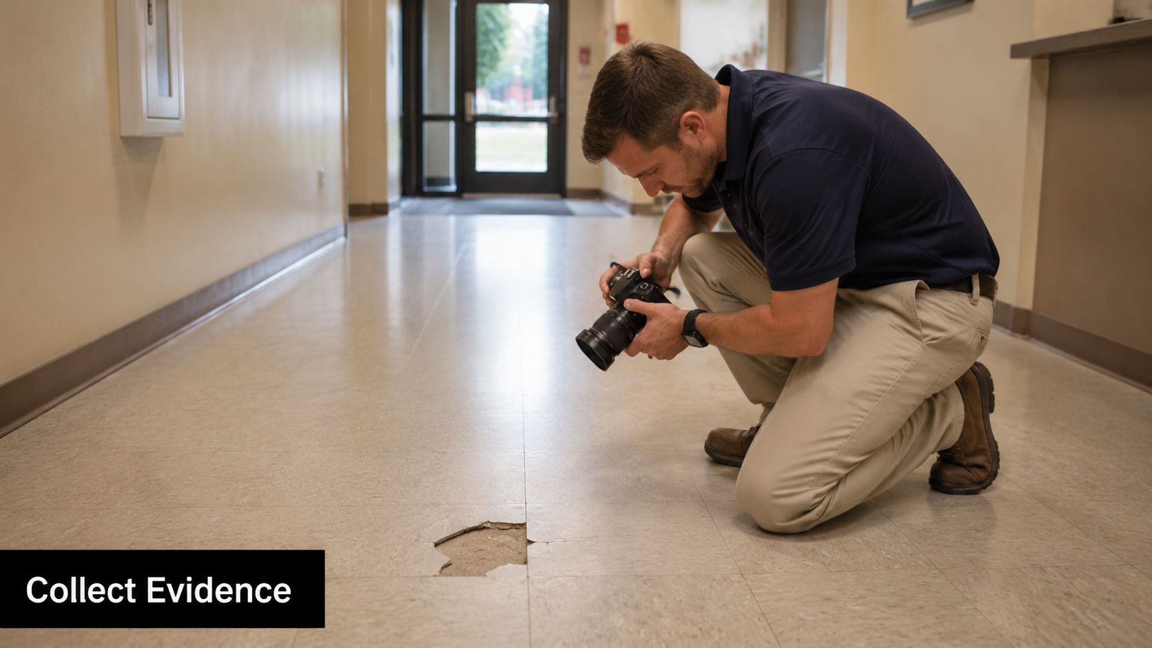 A professional inspector takes a photograph of damaged flooring in a hallway to document evidence for inspection.