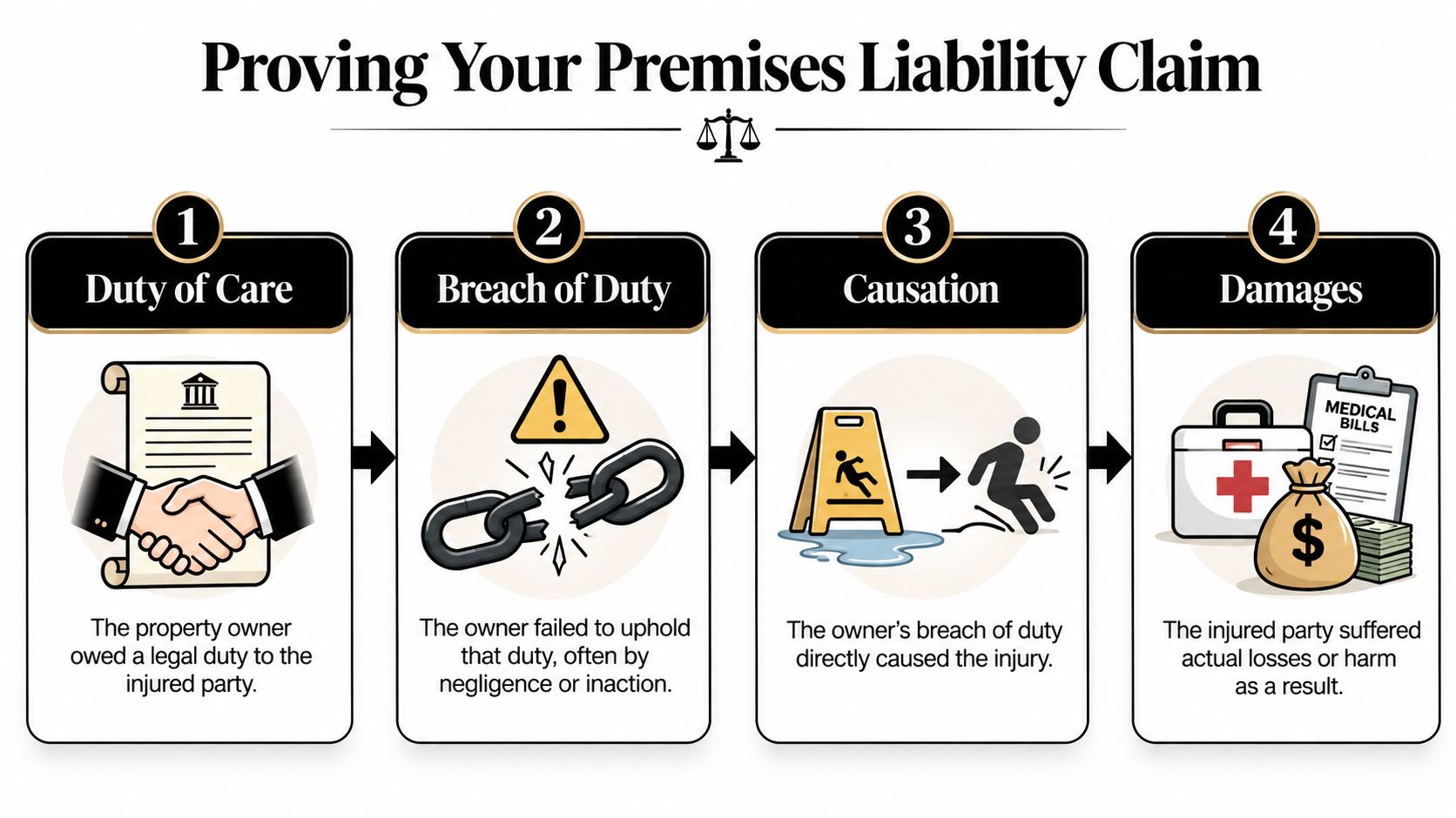 A four-step infographic illustrating the requirements for proving a premises liability claim in personal injury law.