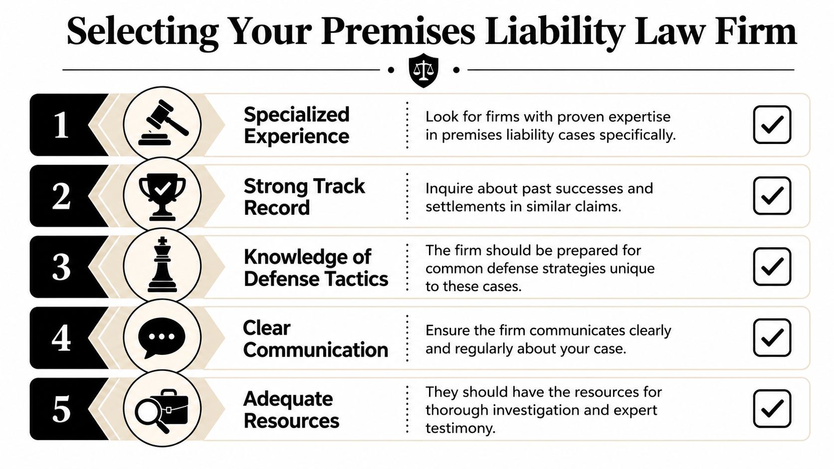 An infographic titled Selecting Your Premises Liability Law Firm outlining five key criteria for choosing legal representation.