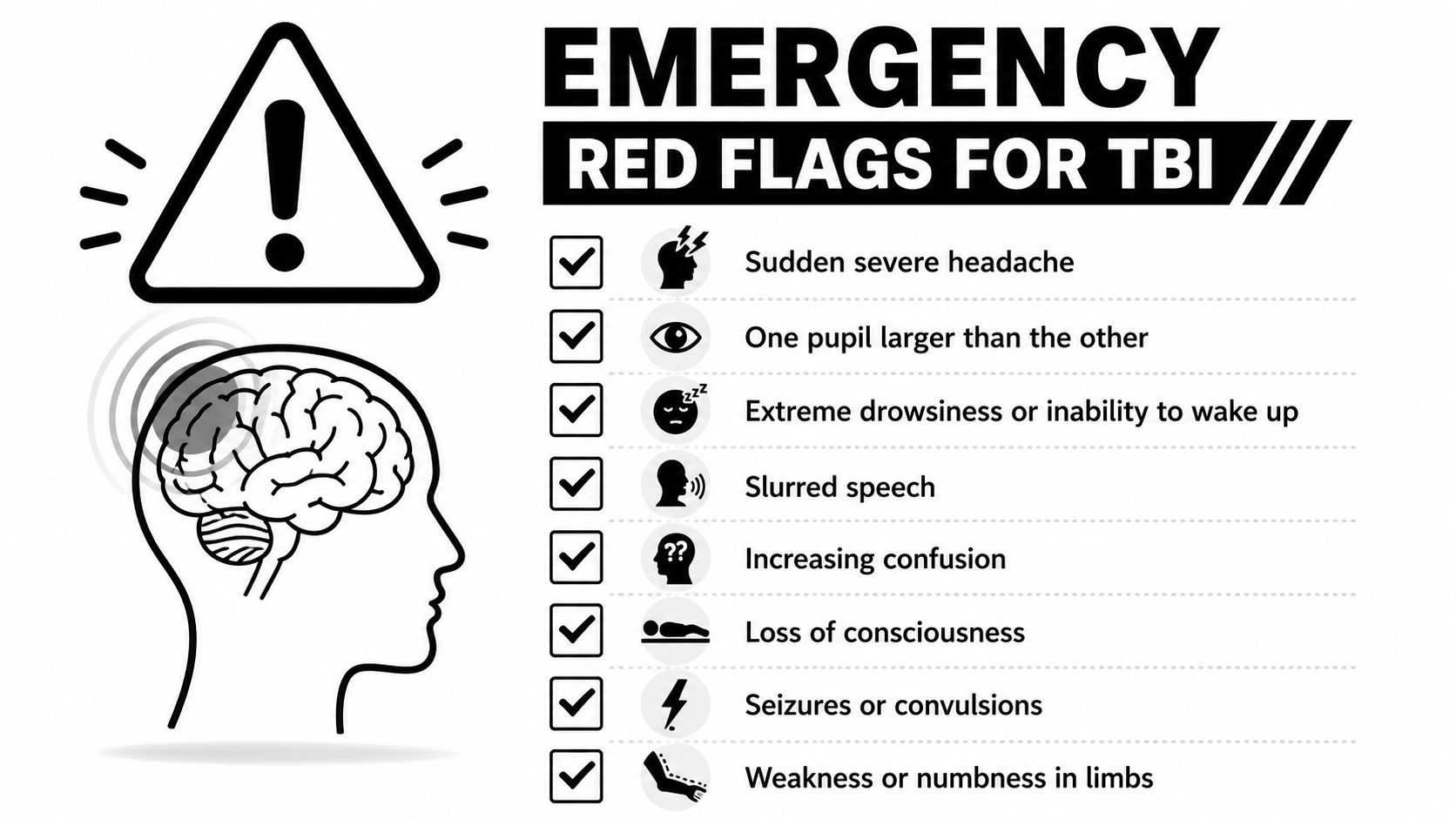 A checklist of emergency red flag symptoms for traumatic brain injury including headache, confusion, and loss of consciousness.