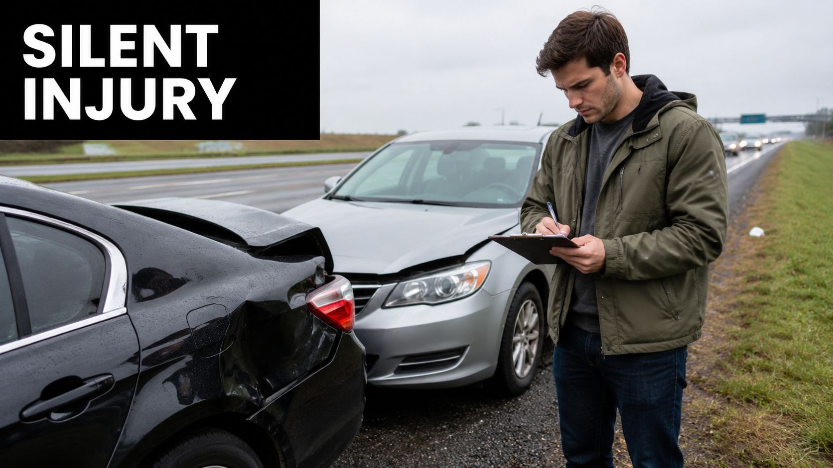 A man inspecting damage to a car after a rear-end collision while writing on a clipboard outdoors.