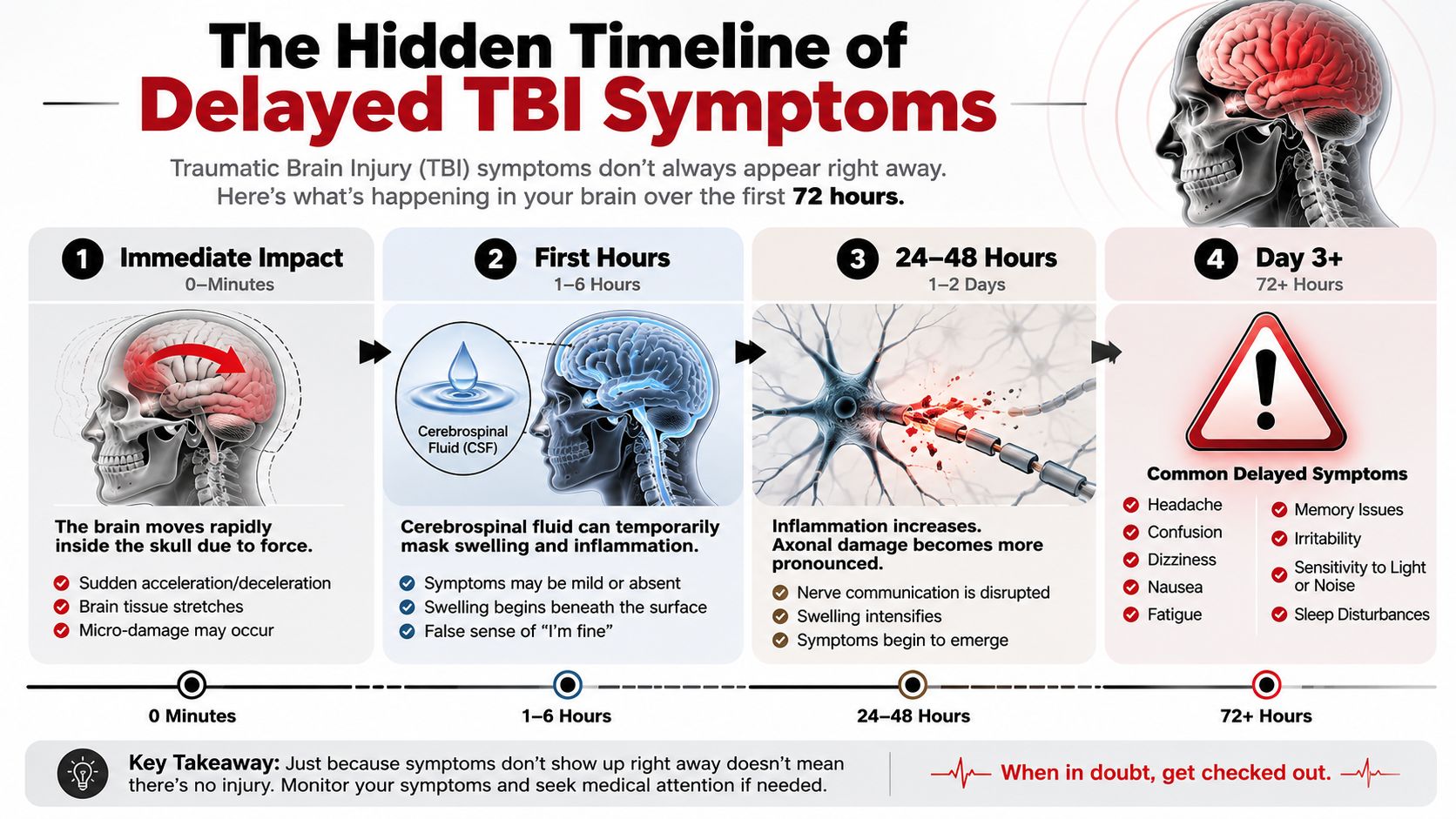 An infographic detailing the progression and hidden timeline of delayed symptoms following a traumatic brain injury.