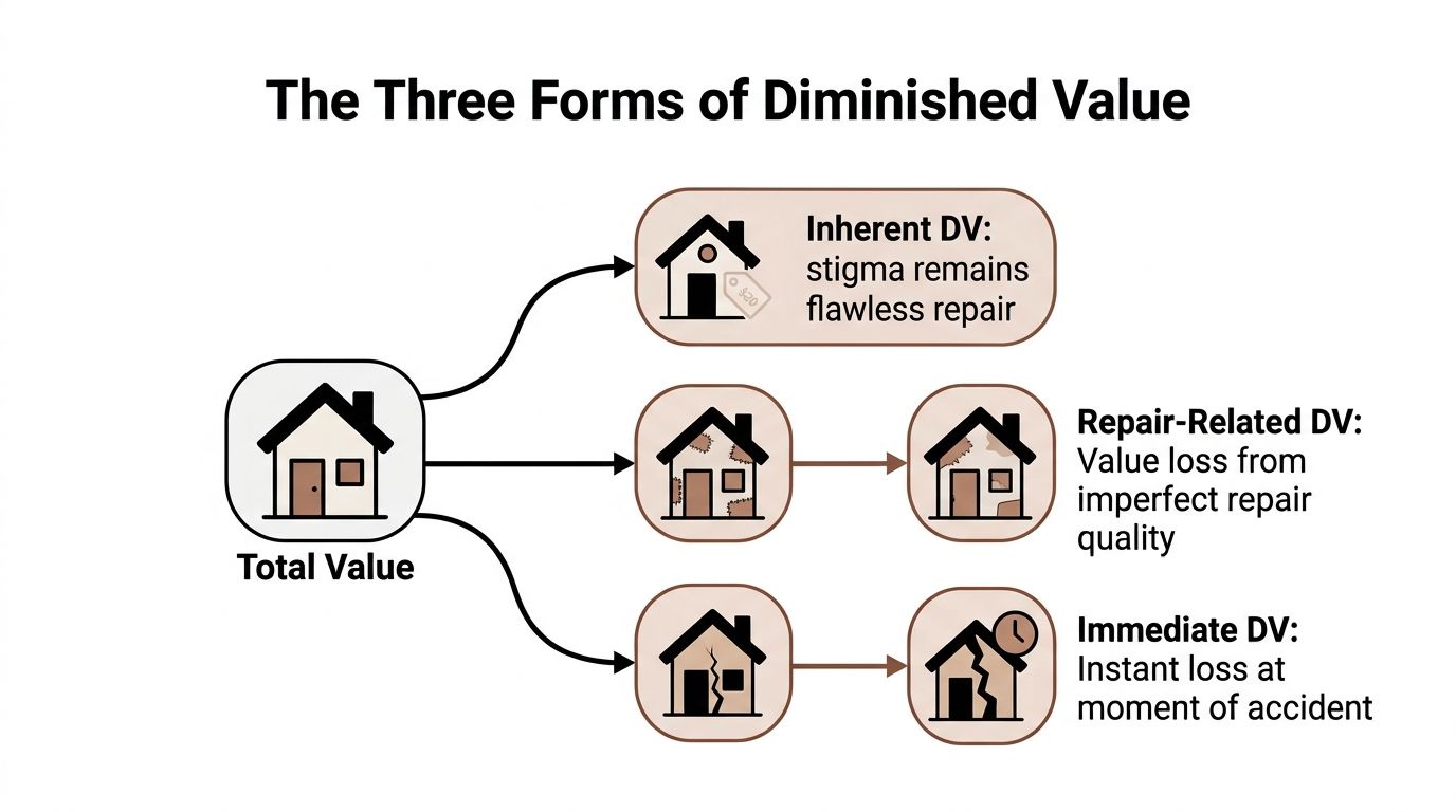 A diagram illustrating the three forms of diminished value: Inherent, Repair-Related, and Immediate diminished value.