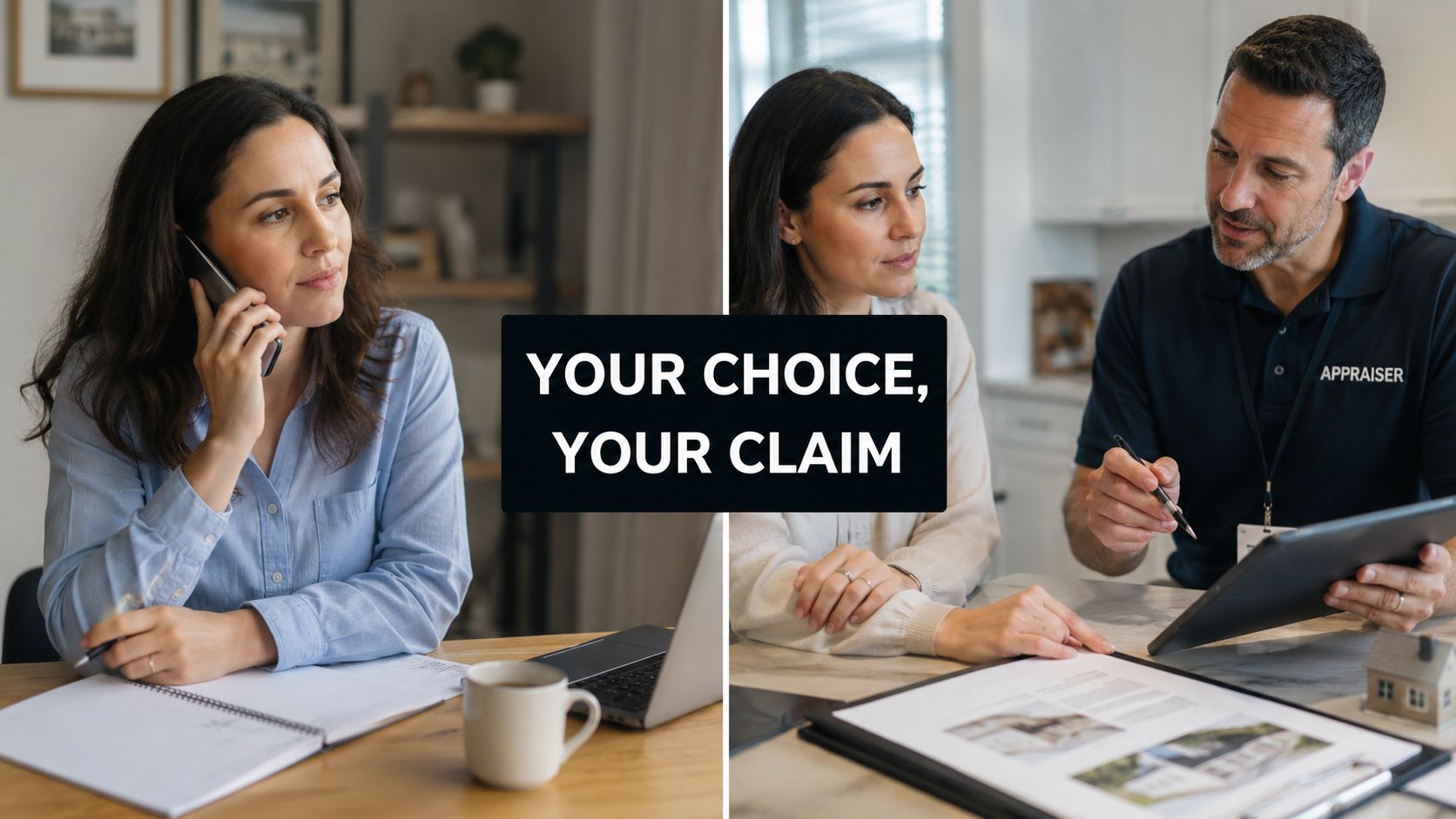 A split-screen image showing a woman on the phone and consulting with a professional property appraiser.