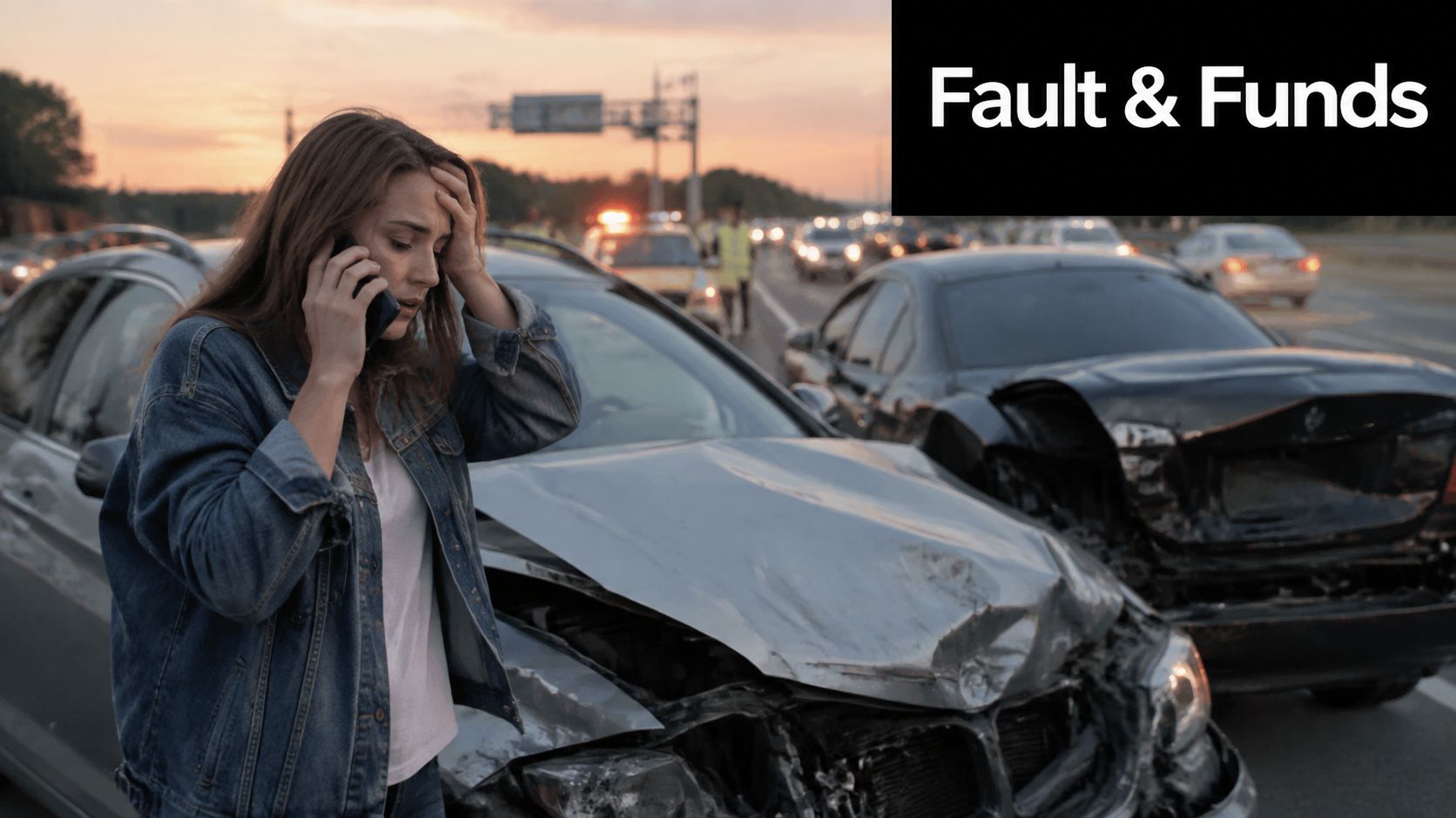 A distressed young woman talks on the phone near her damaged vehicle after a car accident.