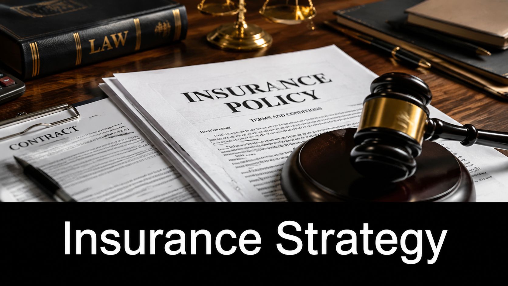 A wooden gavel resting on an insurance policy document near a law book on a desk.