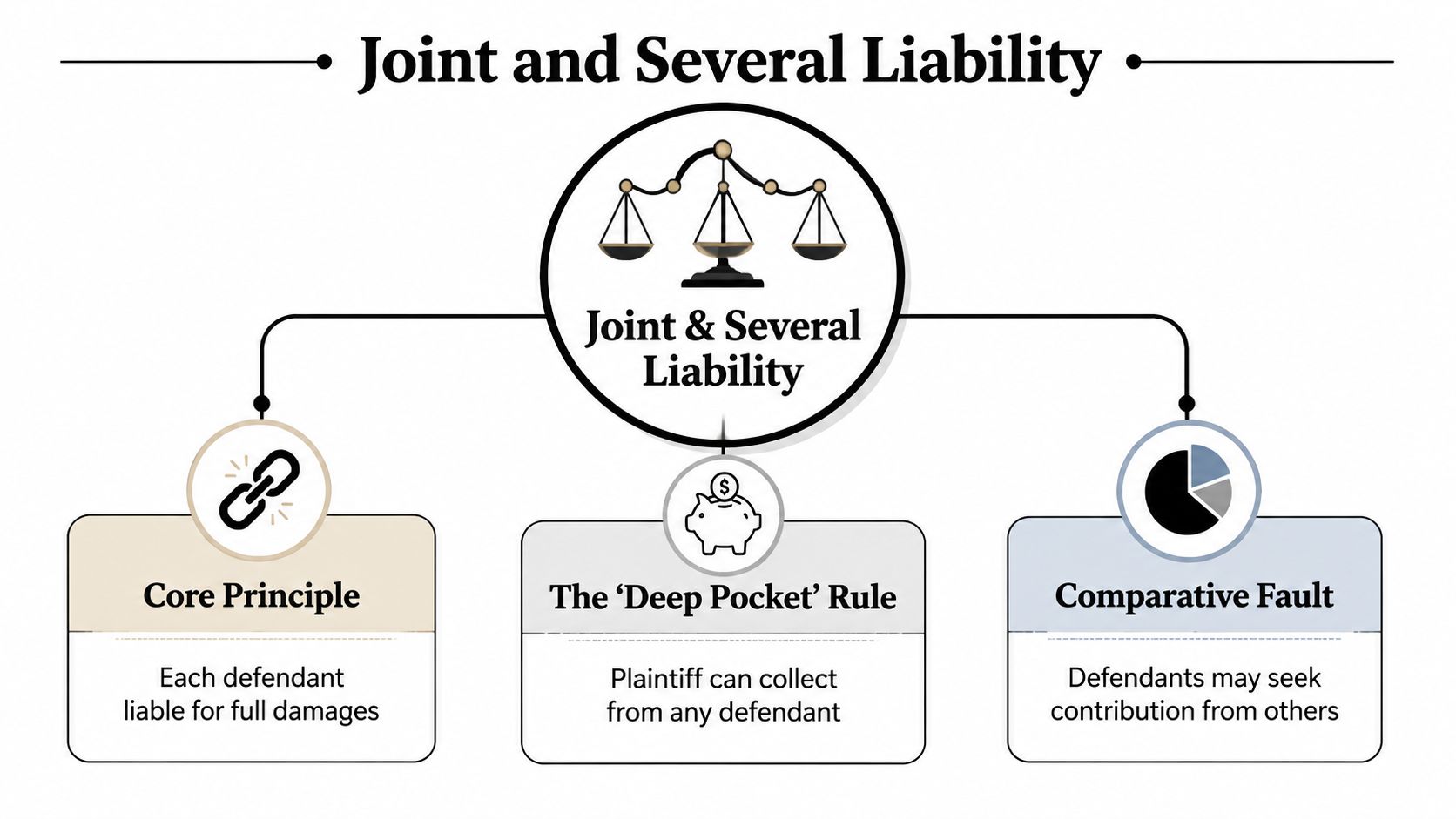 A diagram explaining joint and several liability, highlighting core principles, the deep pocket rule, and comparative fault.