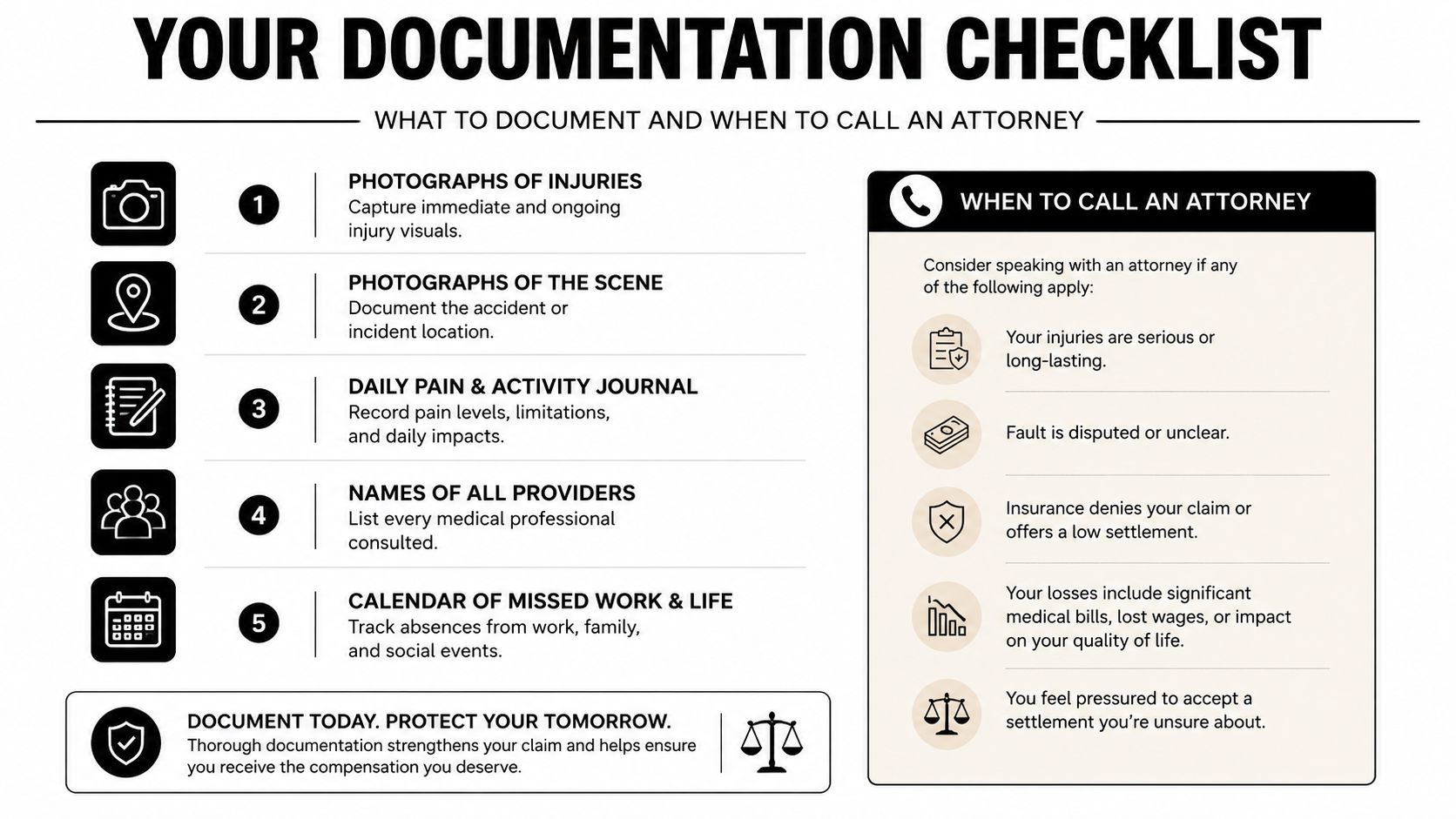 A checklist for documenting personal injury accidents and advice on when to consult with an attorney.