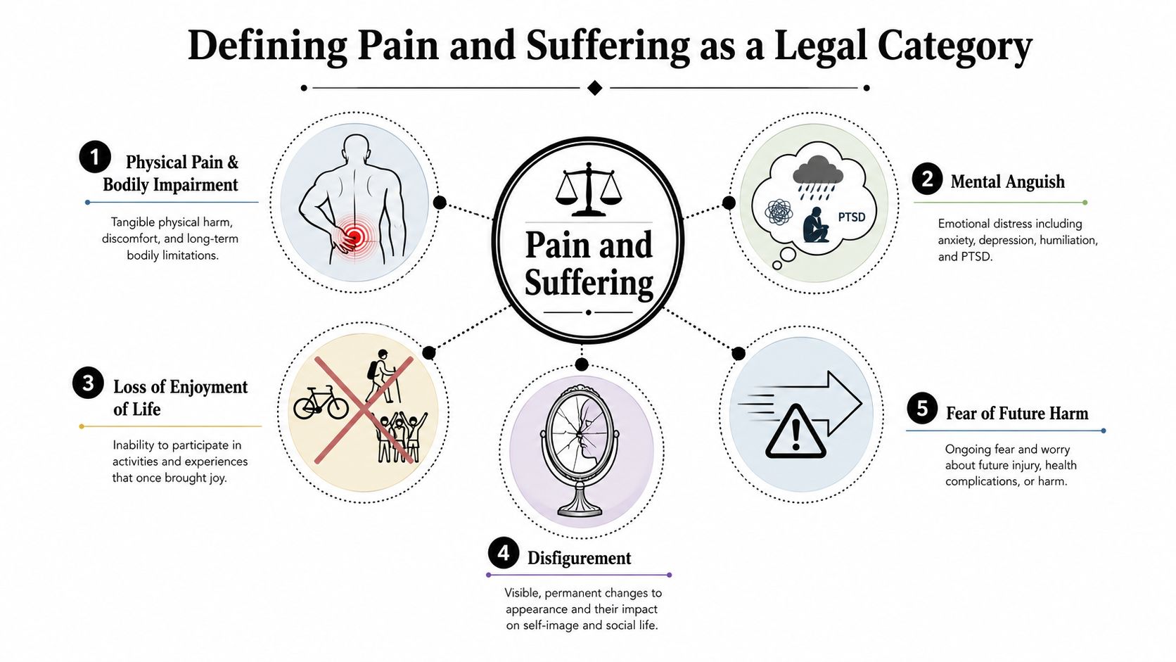 A diagram illustrating five components of legal pain and suffering: physical pain, mental anguish, loss of enjoyment, disfigurement, and fear.