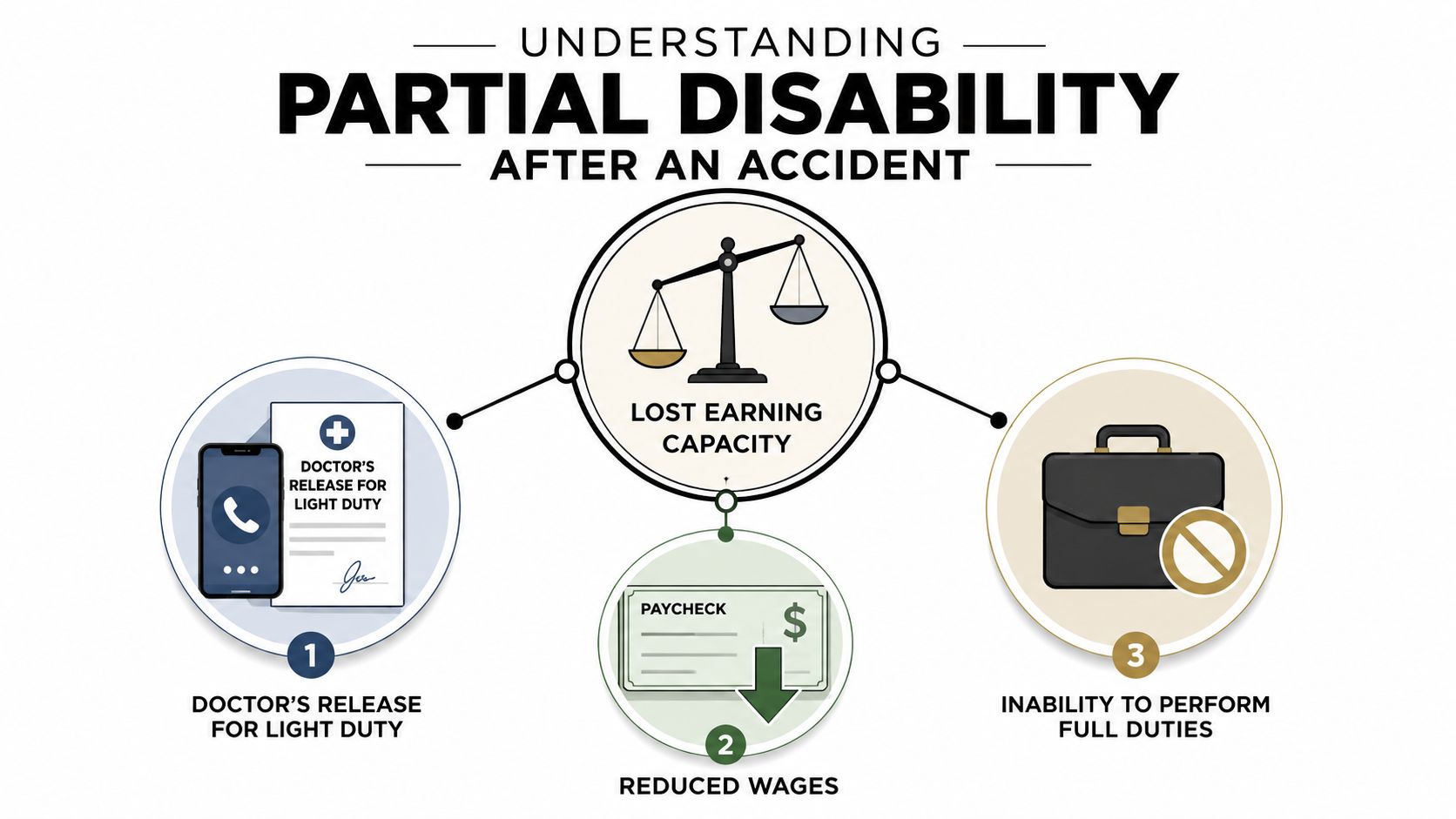 An infographic illustrating partial disability after an accident, featuring doctors' release, reduced wages, and inability to work.