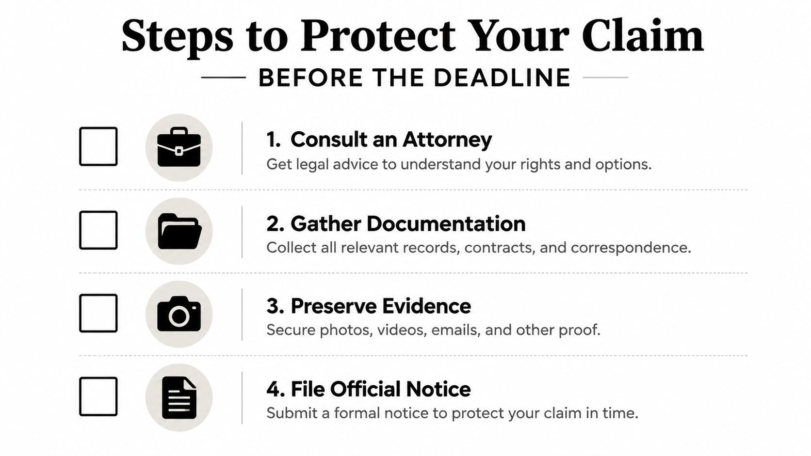 A checklist infographic titled Steps to Protect Your Claim Before the Deadline, showing four essential legal preparation steps.