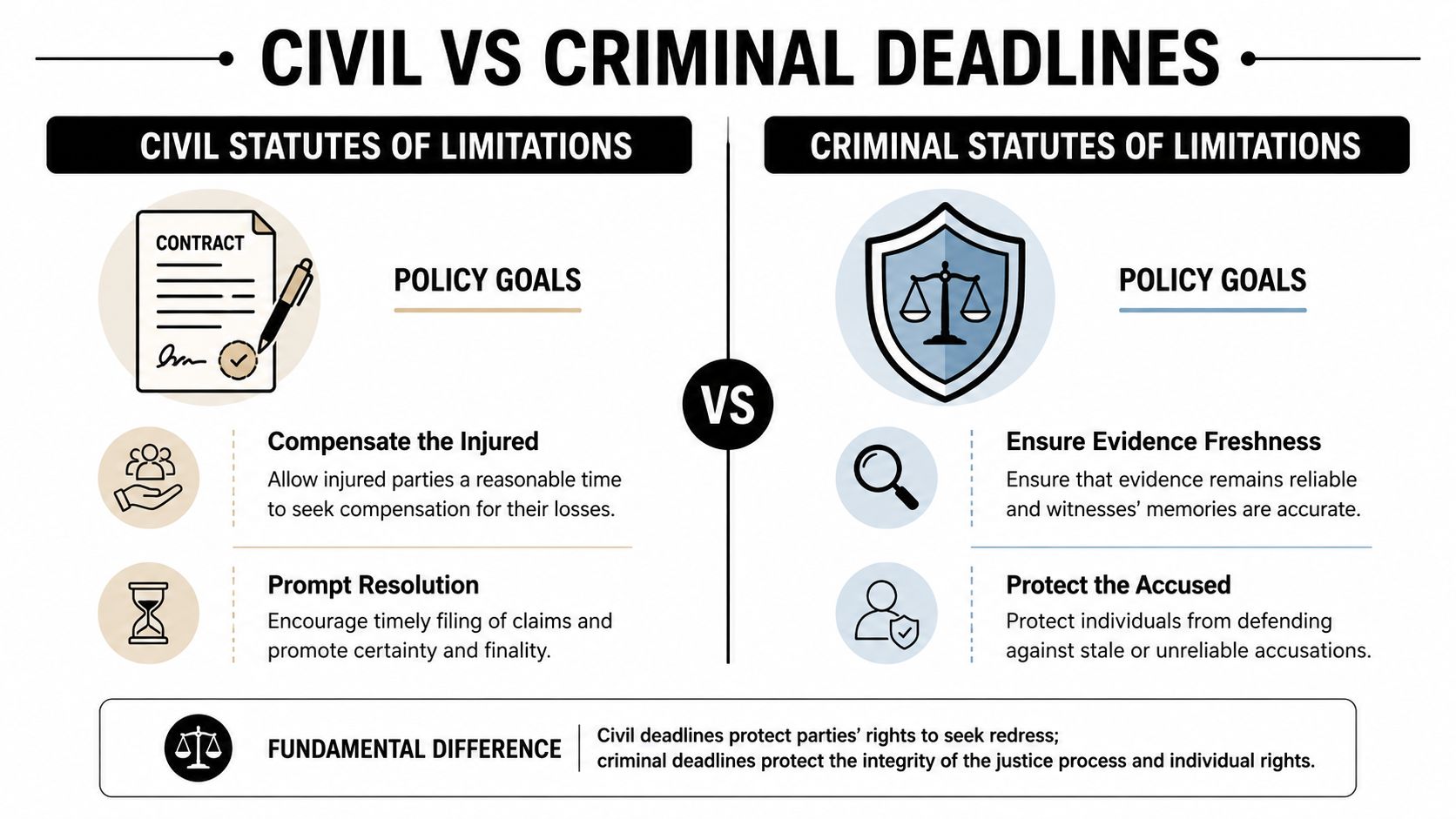 A comparison chart outlining the policy goals and fundamental differences between civil and criminal statutes of limitations.
