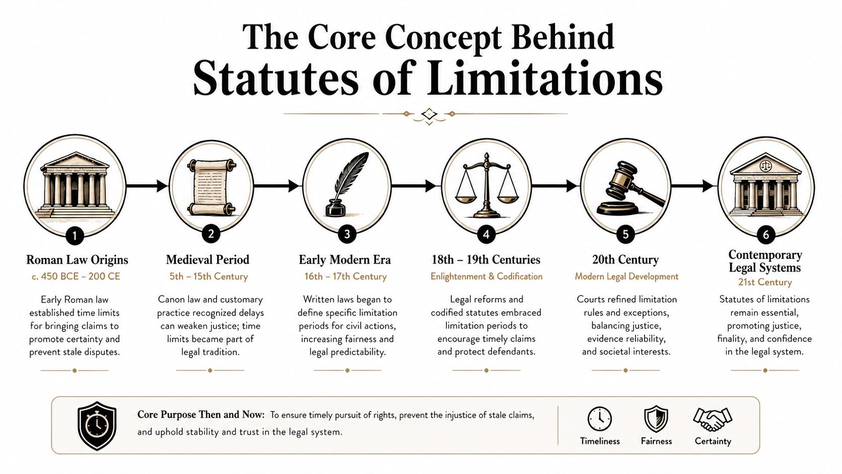 A timeline infographic explaining the historical evolution of the core concept behind statutes of limitations in law.