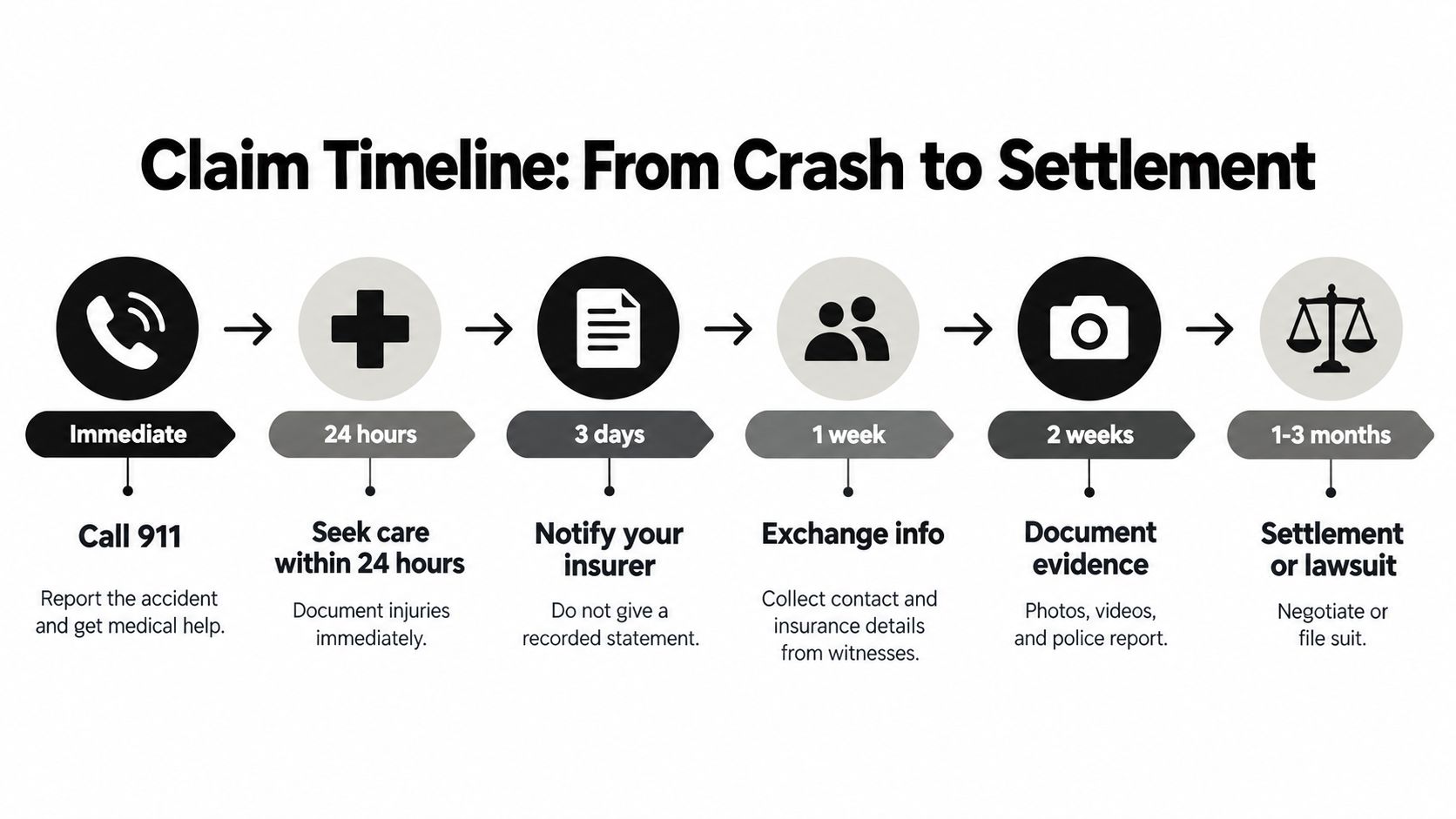 A timeline graphic showing the step-by-step process of handling a car accident claim from crash to settlement.
