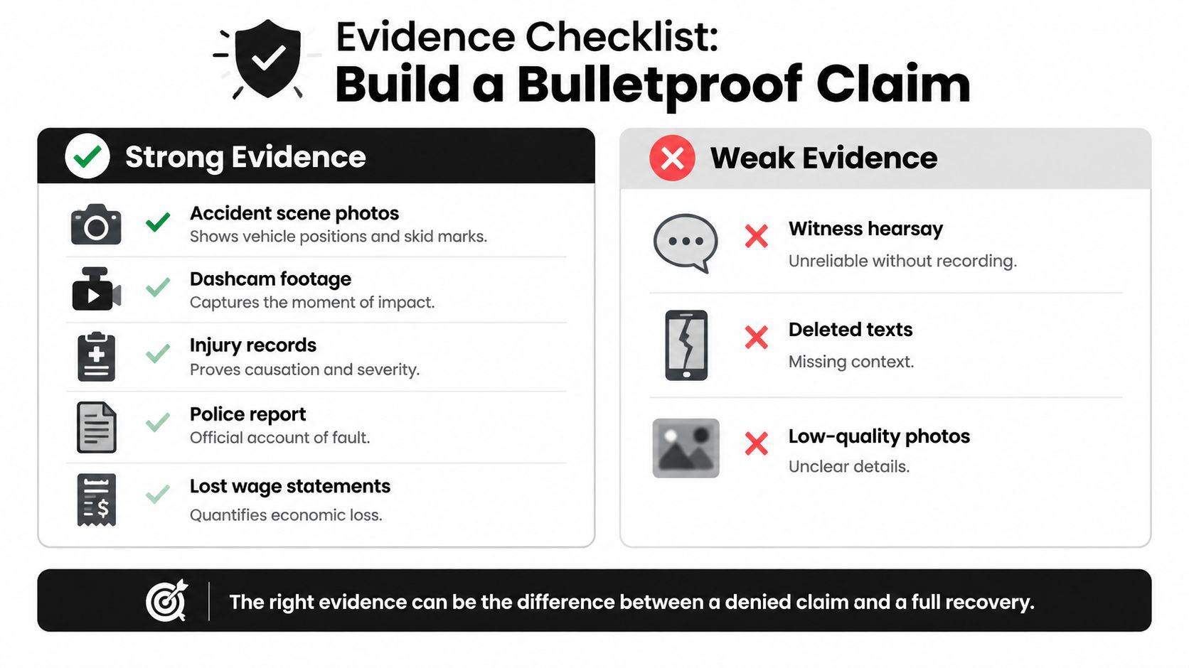 An infographic checklist titled Build a Bulletproof Claim, comparing strong and weak evidence for accident insurance claims.