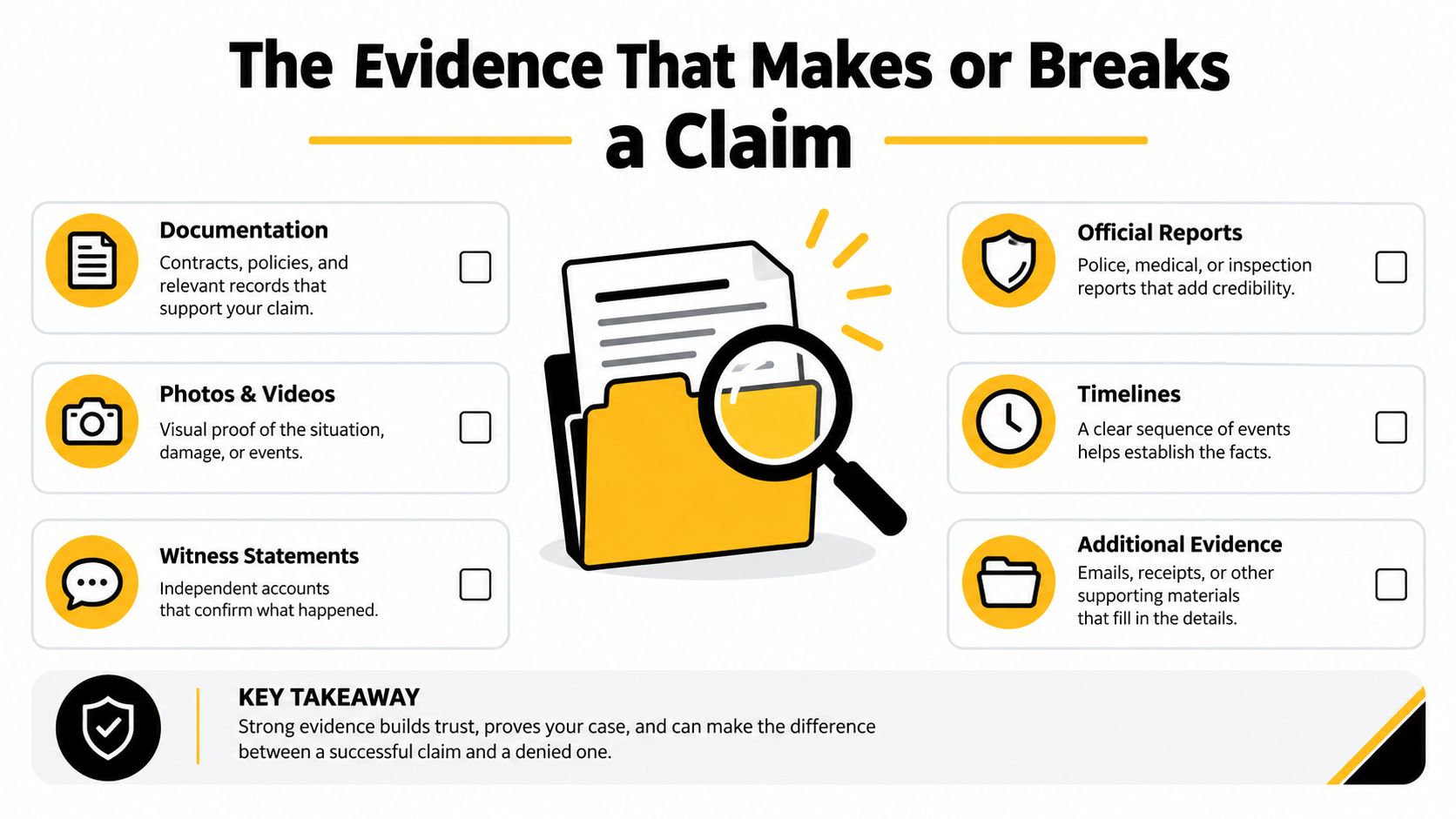 An infographic detailing the types of evidence needed to support and strengthen an insurance claim effectively.