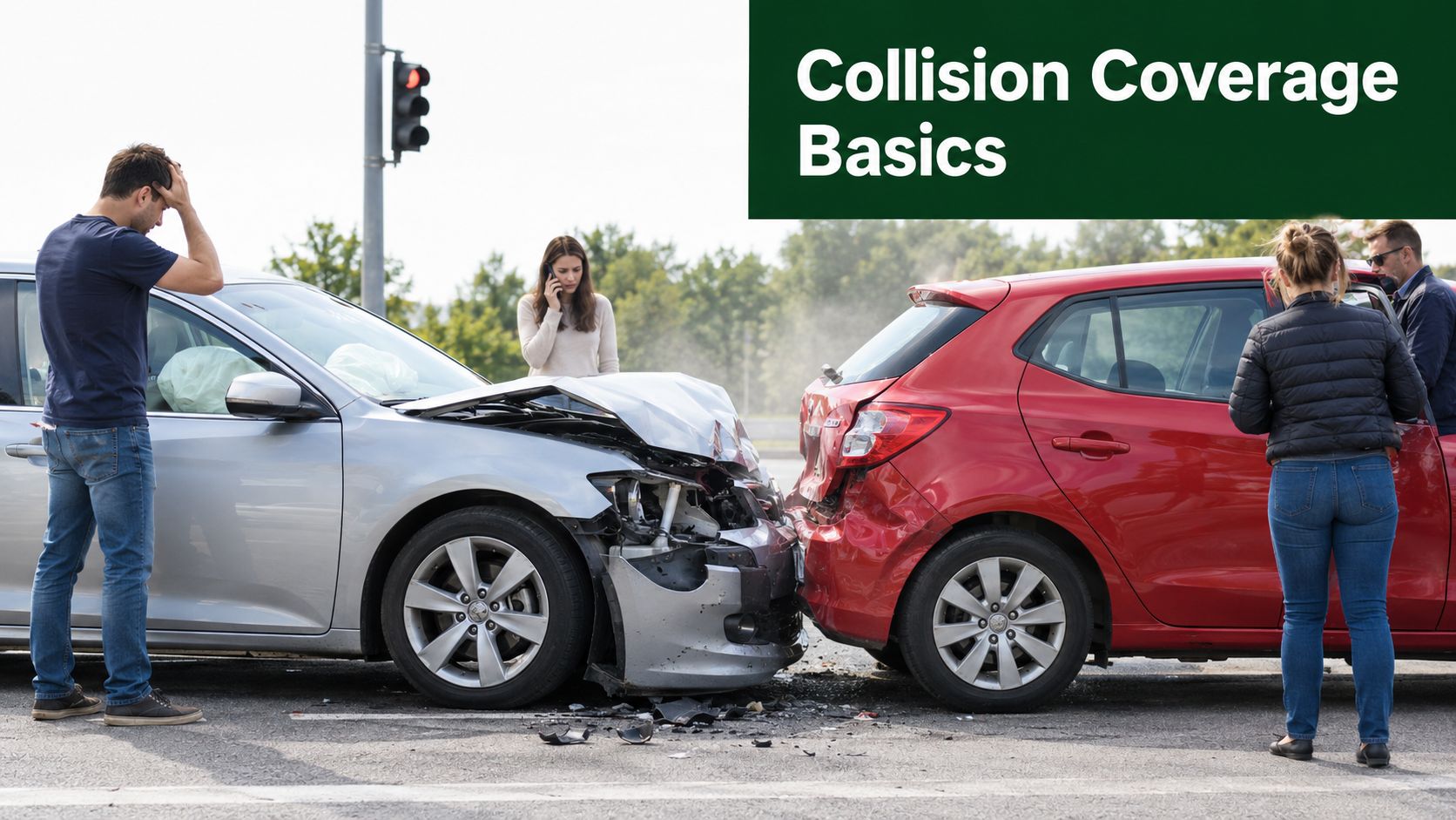 A car accident with two damaged vehicles and people standing around near a traffic light intersection.