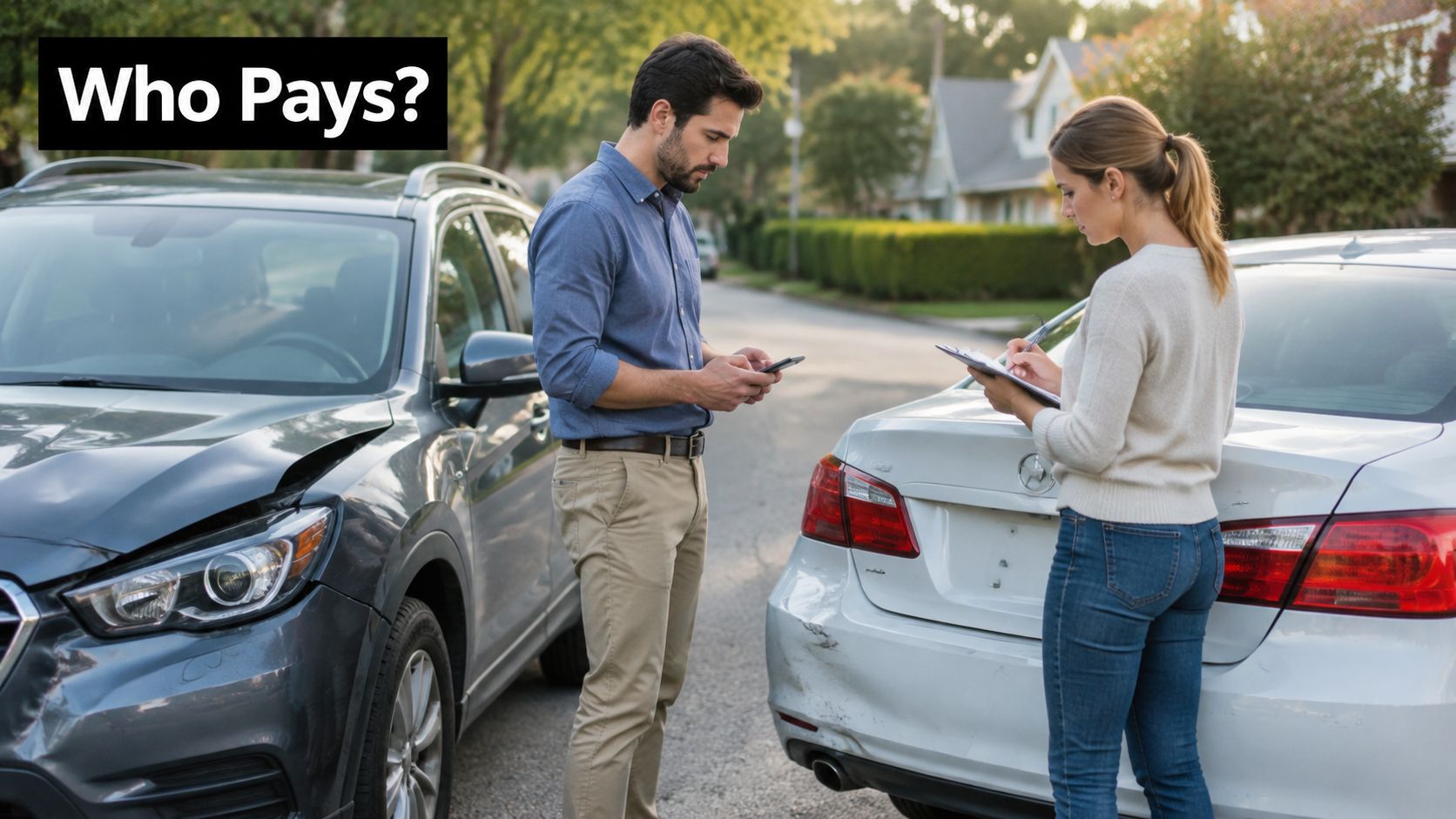 A man and woman exchanging insurance information after a car accident on a suburban street.