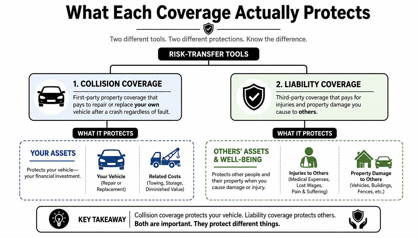 A diagram explaining the differences between car collision coverage for your vehicle and liability coverage for others.