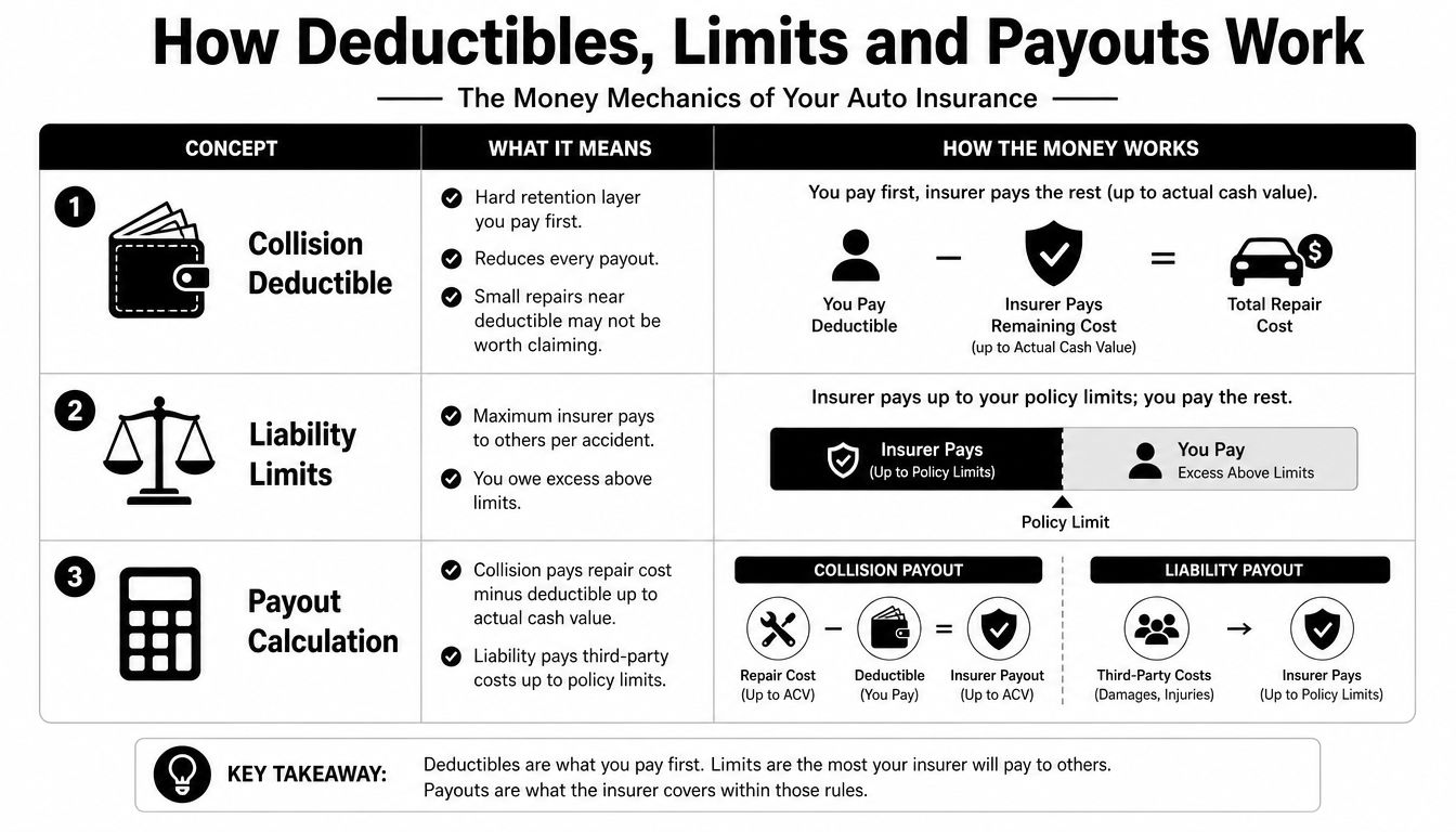 A visual guide explaining how collision deductibles, liability limits, and payout calculations work in auto insurance policies.