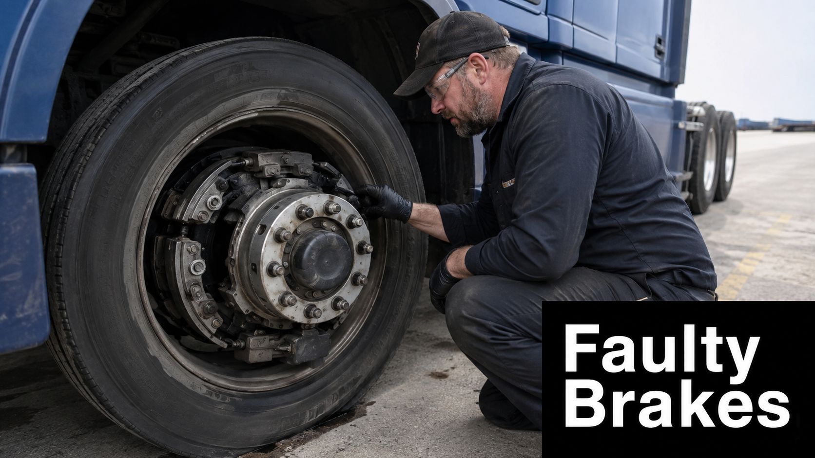 A mechanic wearing protective gear inspects the brake assembly of a semi-truck wheel in an outdoor setting.