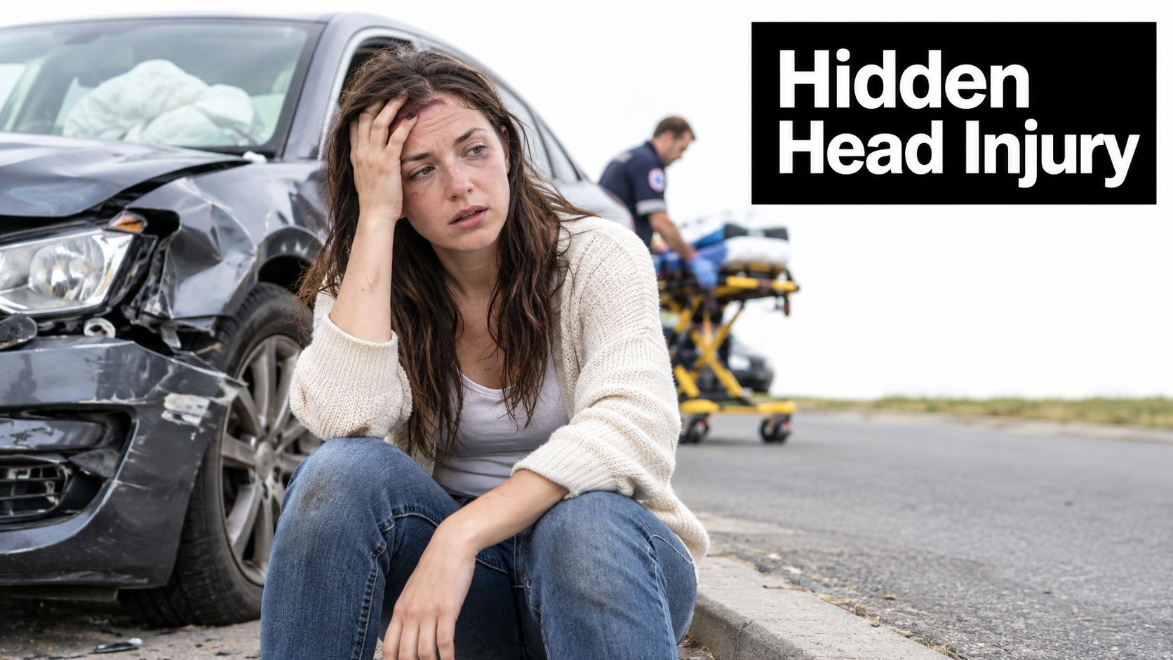 A woman sitting on the ground with a head injury after being involved in a car accident.