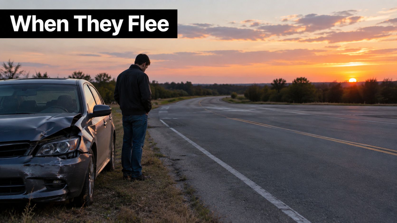 A lonely driver stands by a heavily damaged car on the side of a road during sunset.