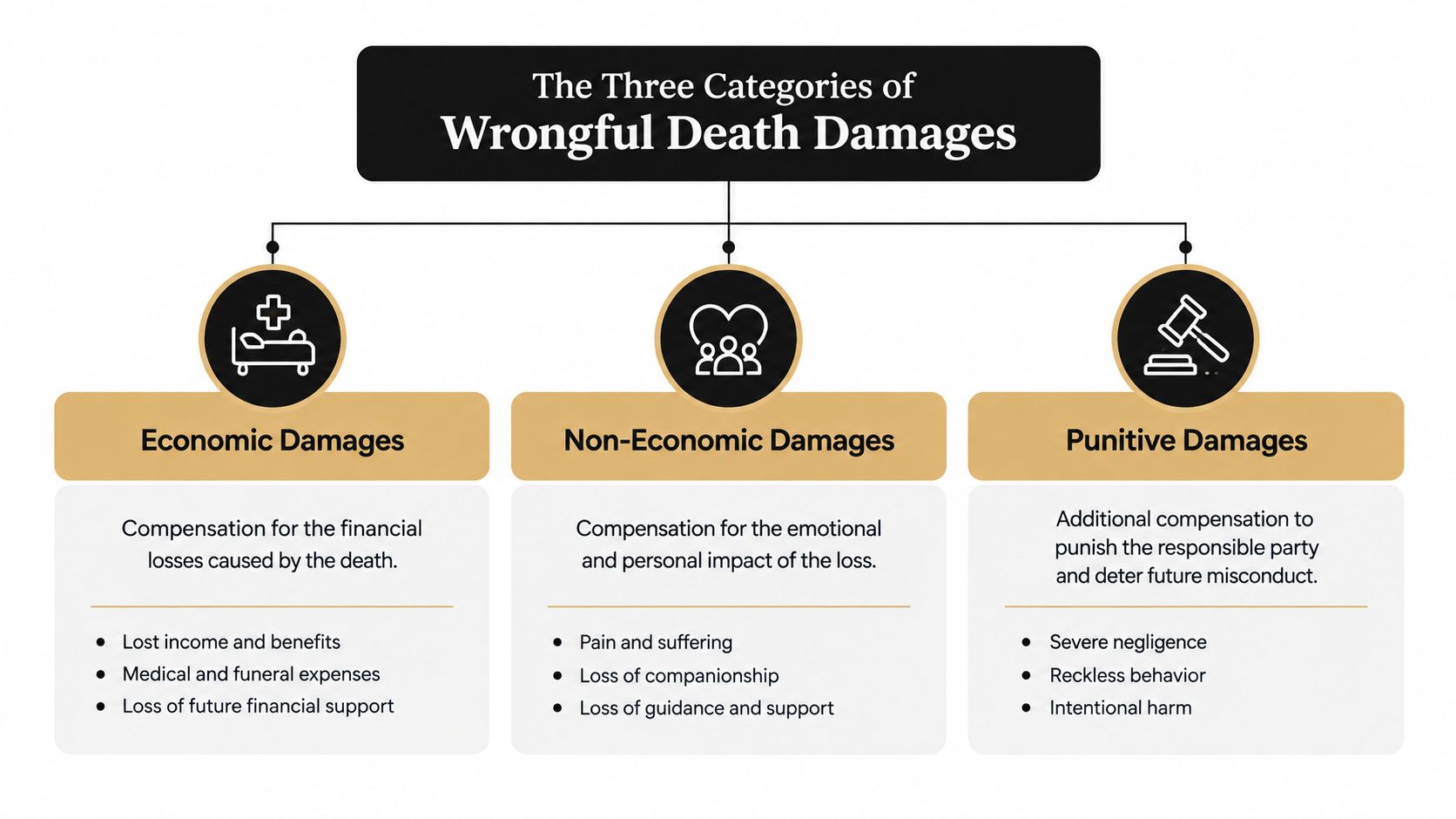 An infographic showing the three categories of wrongful death damages: economic, non-economic, and punitive damages.