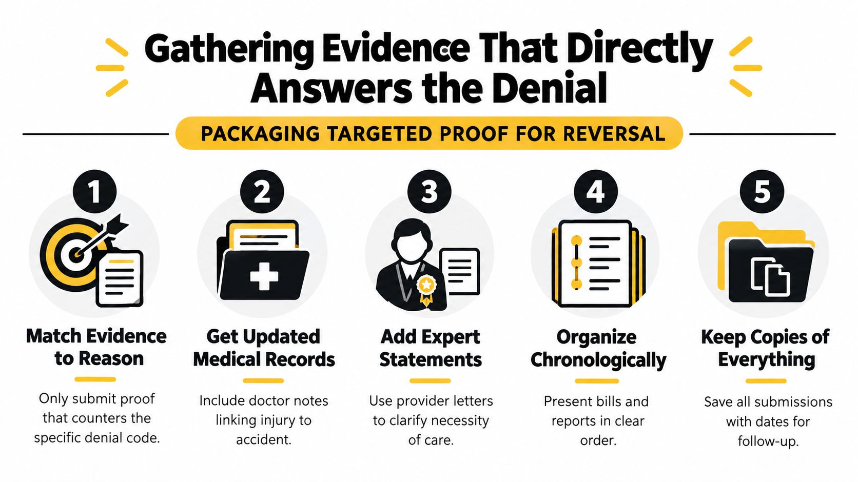 An infographic detailing five essential steps for gathering and packaging evidence to successfully appeal an insurance claim denial.