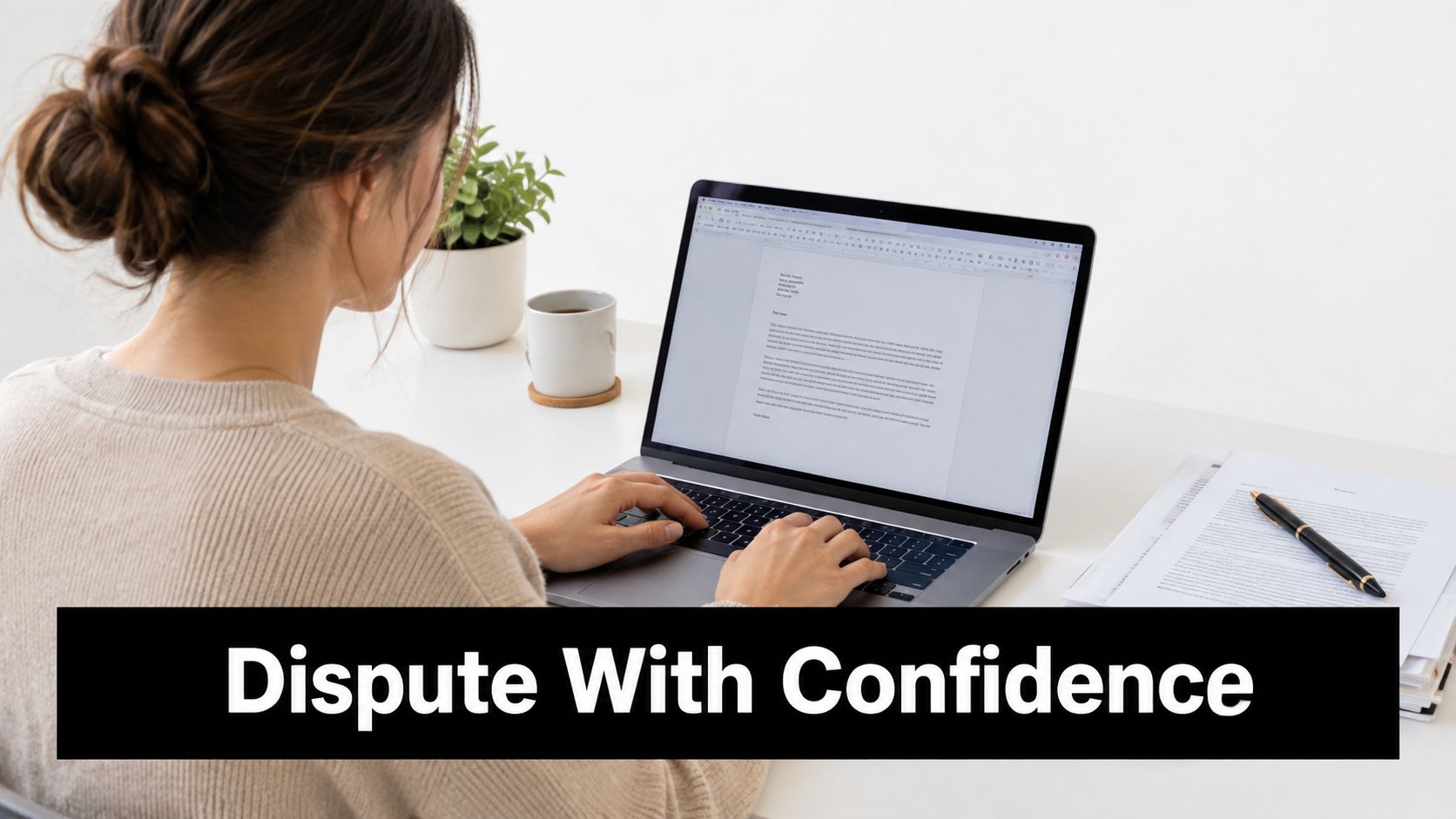 A woman typing a formal letter on her laptop, helping her dispute an insurance claim with confidence.