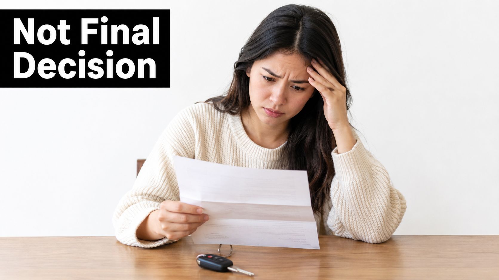 A concerned woman sitting at a table looking at an important document with car keys nearby.
