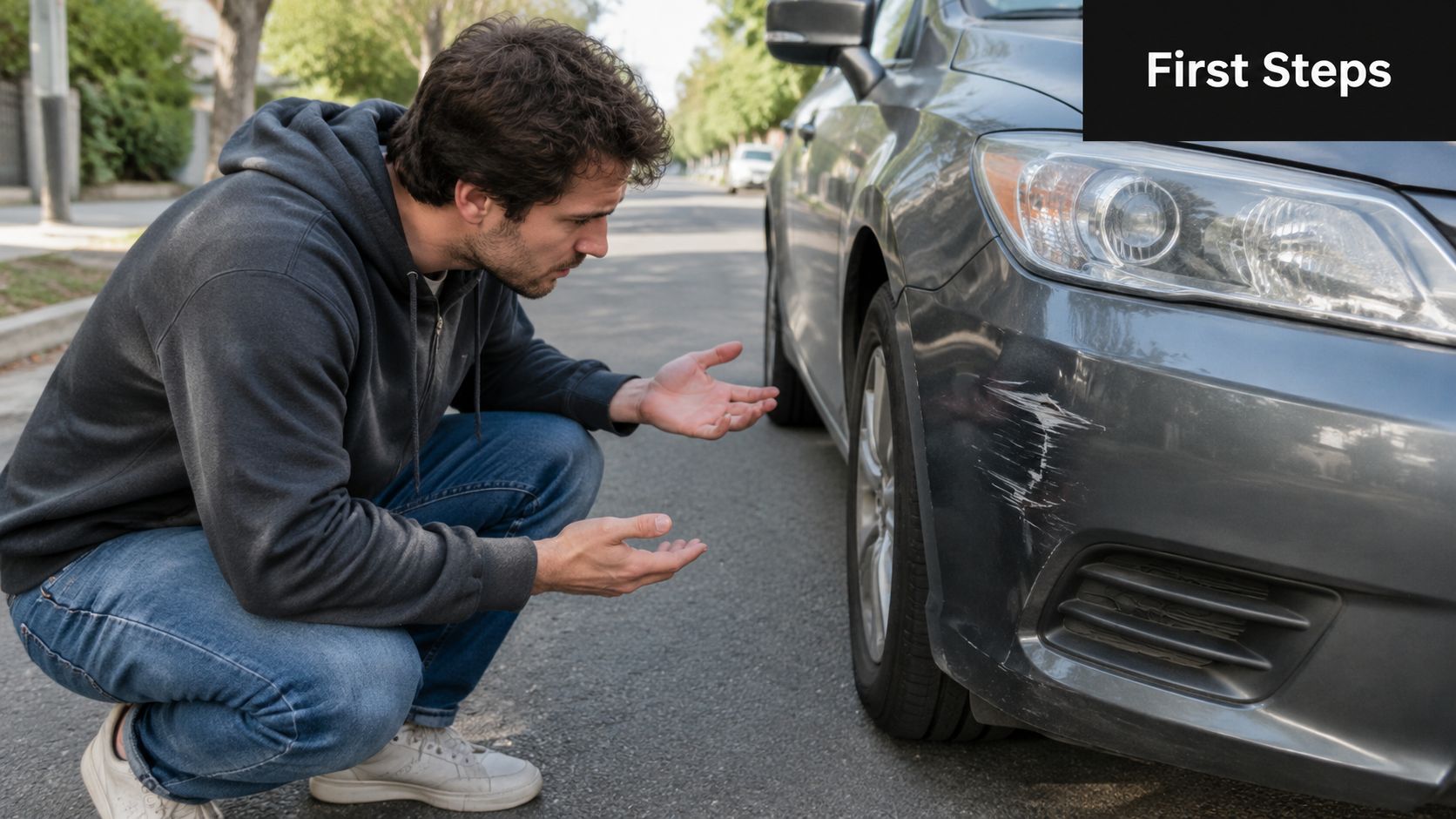 A concerned young man inspecting a deep scratch on his car bumper after a hit and run.