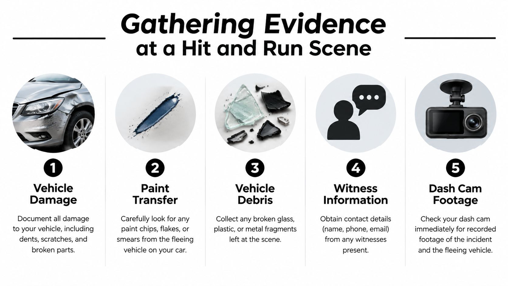 An infographic showing five essential steps to gather evidence after being involved in a hit and run accident.