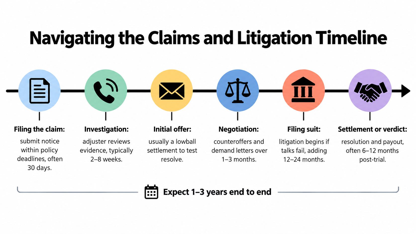 A timeline graphic illustrating the six stages of the insurance claims and legal litigation resolution process.