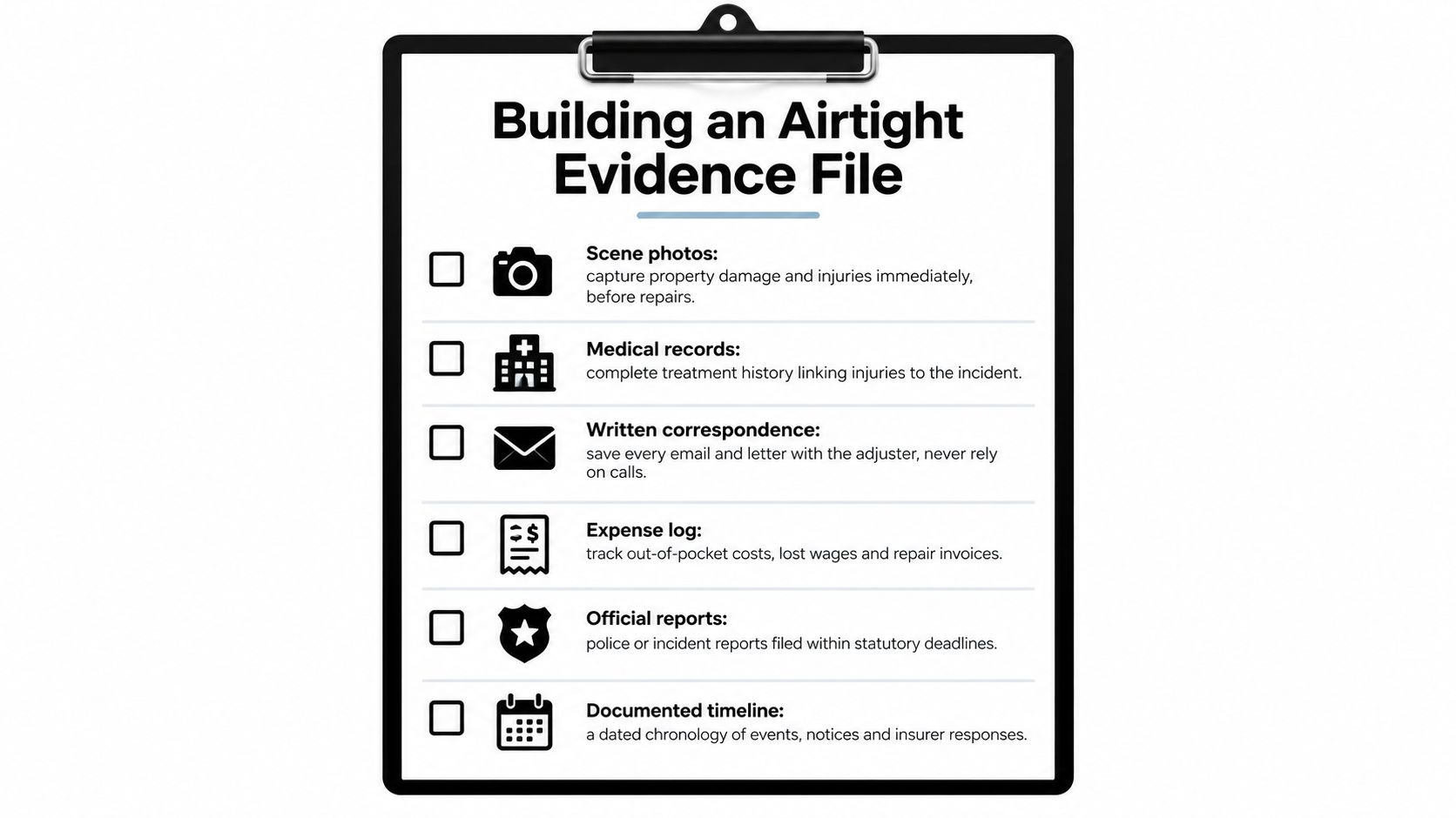 A checklist on a clipboard titled Building an Airtight Evidence File for insurance documentation purposes.